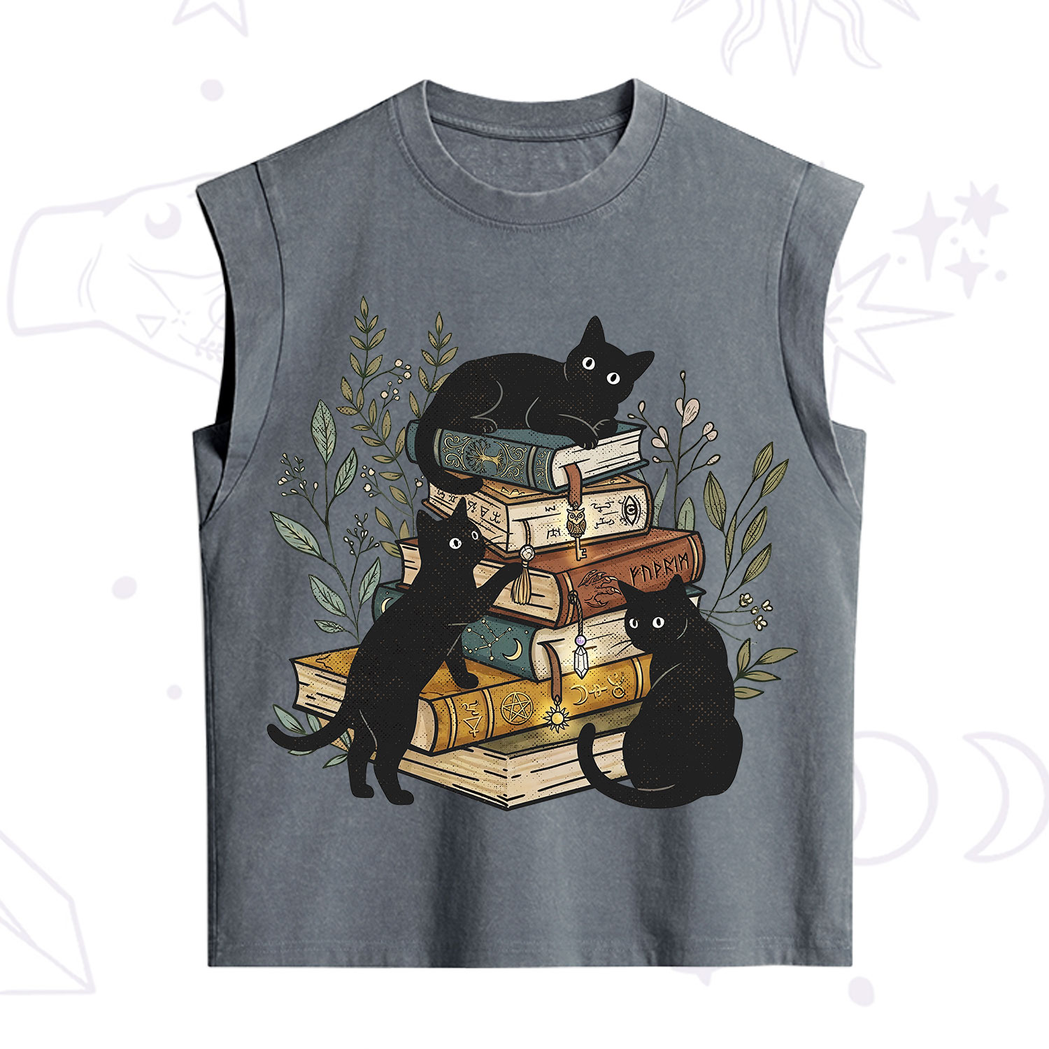 Purplehecate Enchanted Library Three Black Cats Vintage Washed Tank