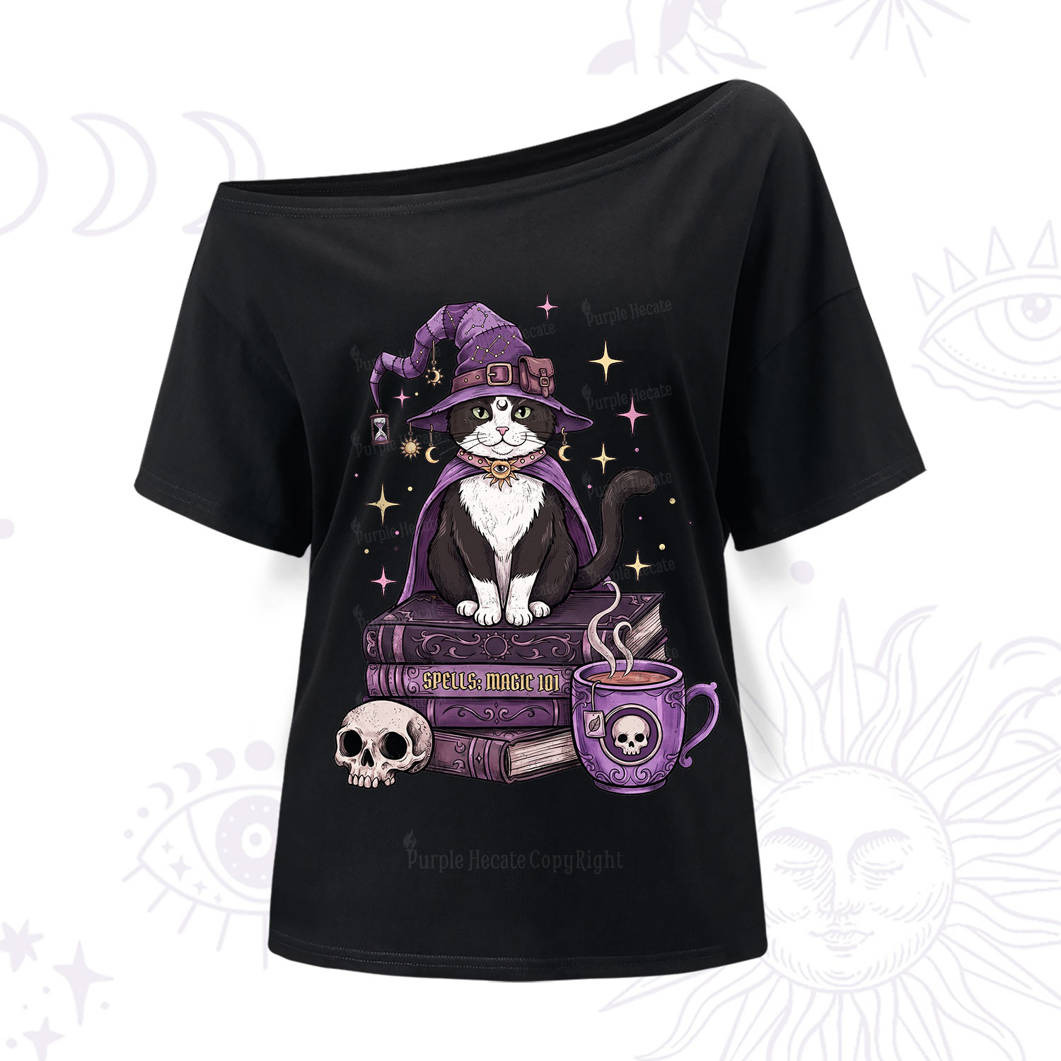 Purplehecate Witchy Cat Spell Books One Shoulder T-Shirt