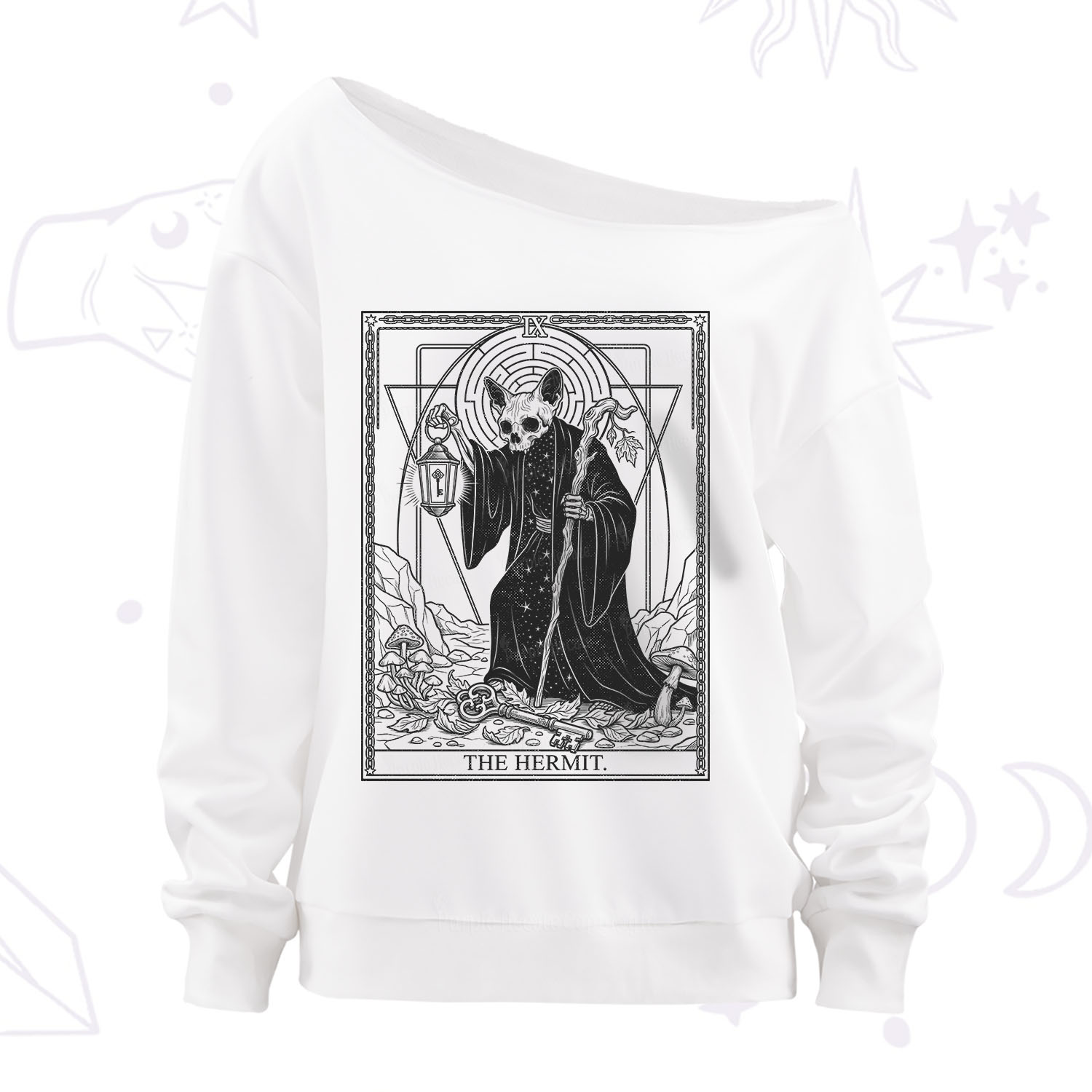 Purplehecate The Hermit Skeleton Cat Tarot Off The Shoulder Sweatshirt