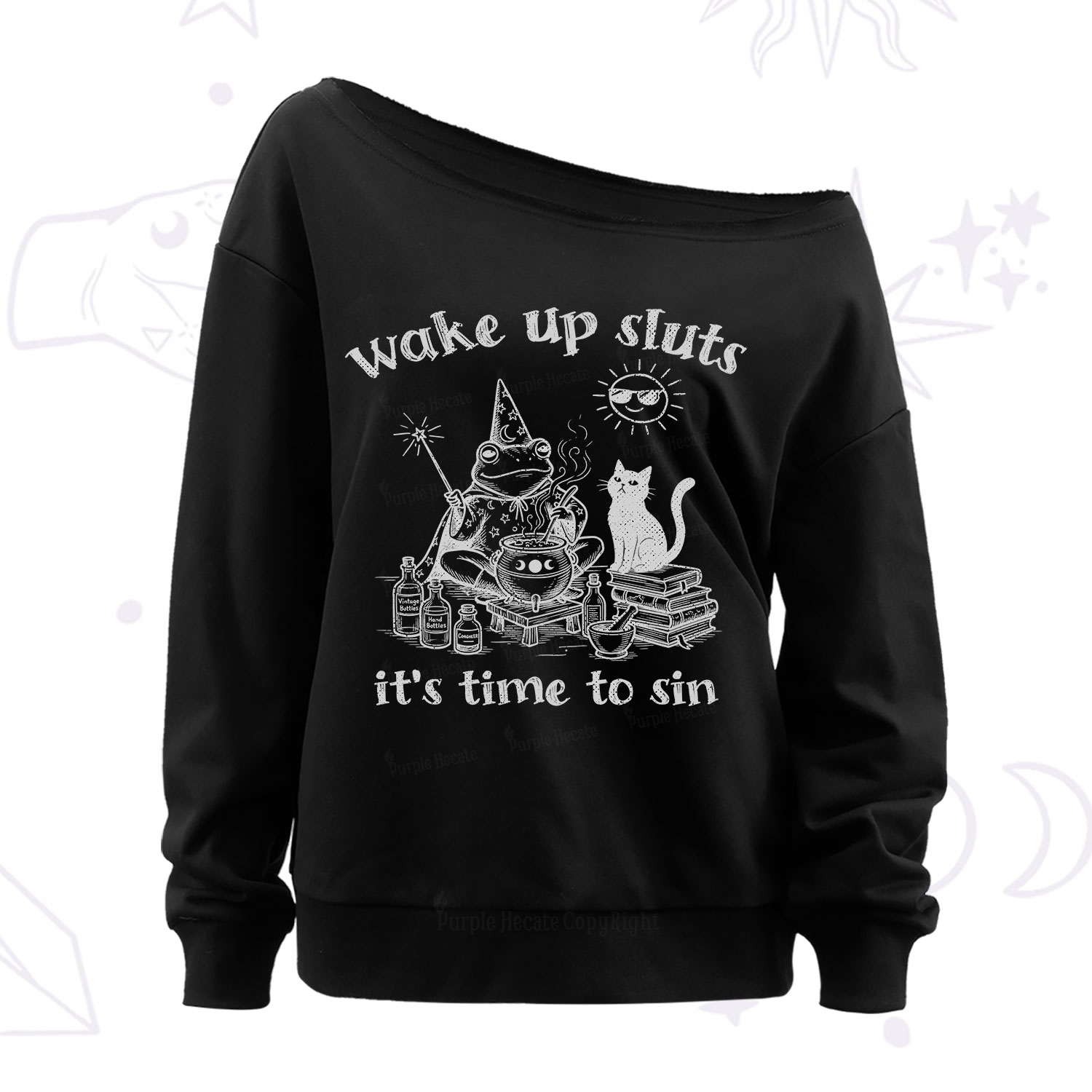 Purplehecate Wake Up Sluts It's Time to Sin Witch Frog Off The Shoulder Sweatshirt