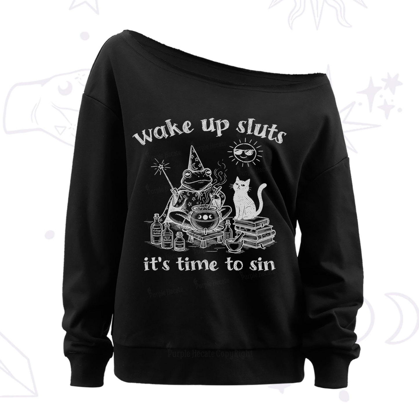 Purplehecate Wake Up Sluts It's Time to Sin Witch Frog Off The Shoulder Sweatshirt