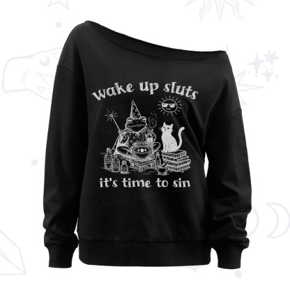 Purplehecate Wake Up Sluts It's Time to Sin Witch Frog Off The Shoulder Sweatshirt