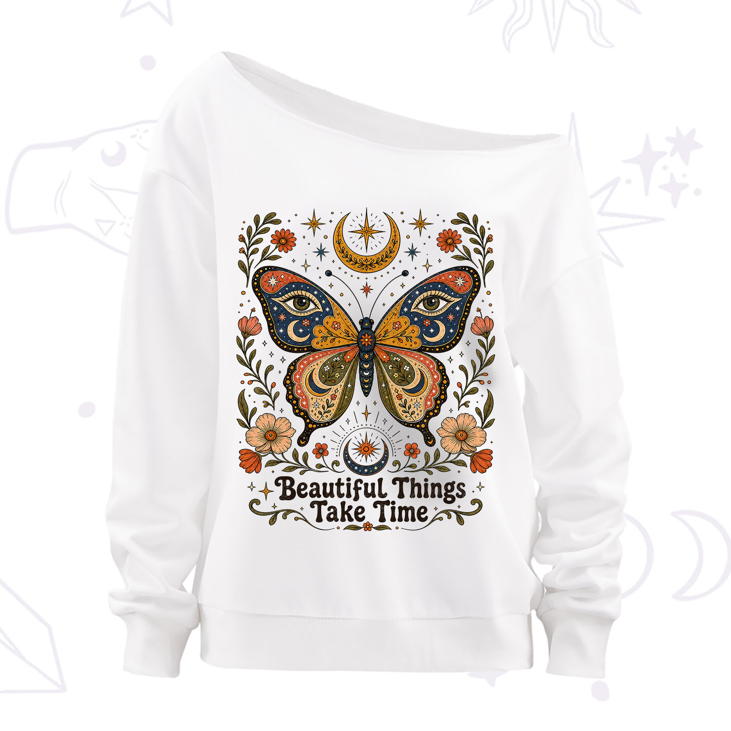 Purplehecate Beautiful Things Take Time Butterfly Off The Shoulder Sweatshirt