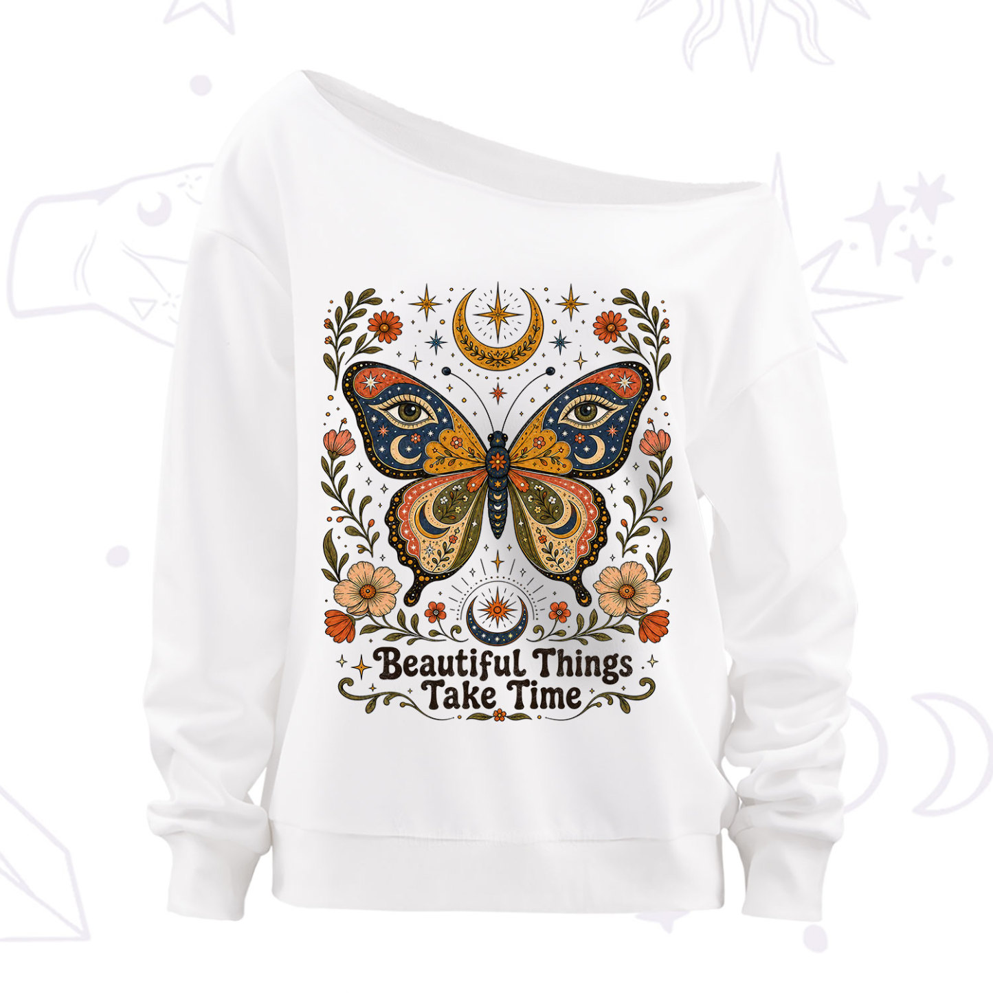 Purplehecate Beautiful Things Take Time Butterfly Off The Shoulder Sweatshirt