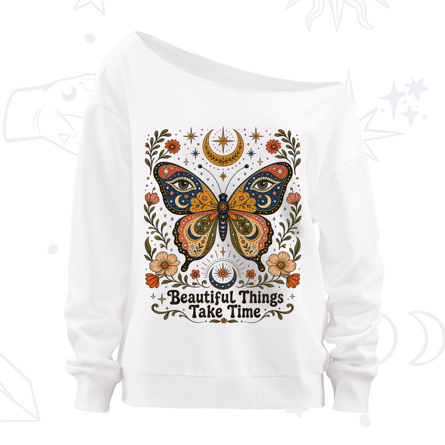 Purplehecate Beautiful Things Take Time Butterfly Off The Shoulder Sweatshirt