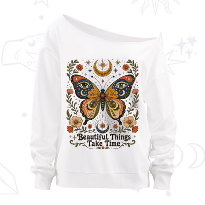 Purplehecate Beautiful Things Take Time Butterfly Off The Shoulder Sweatshirt
