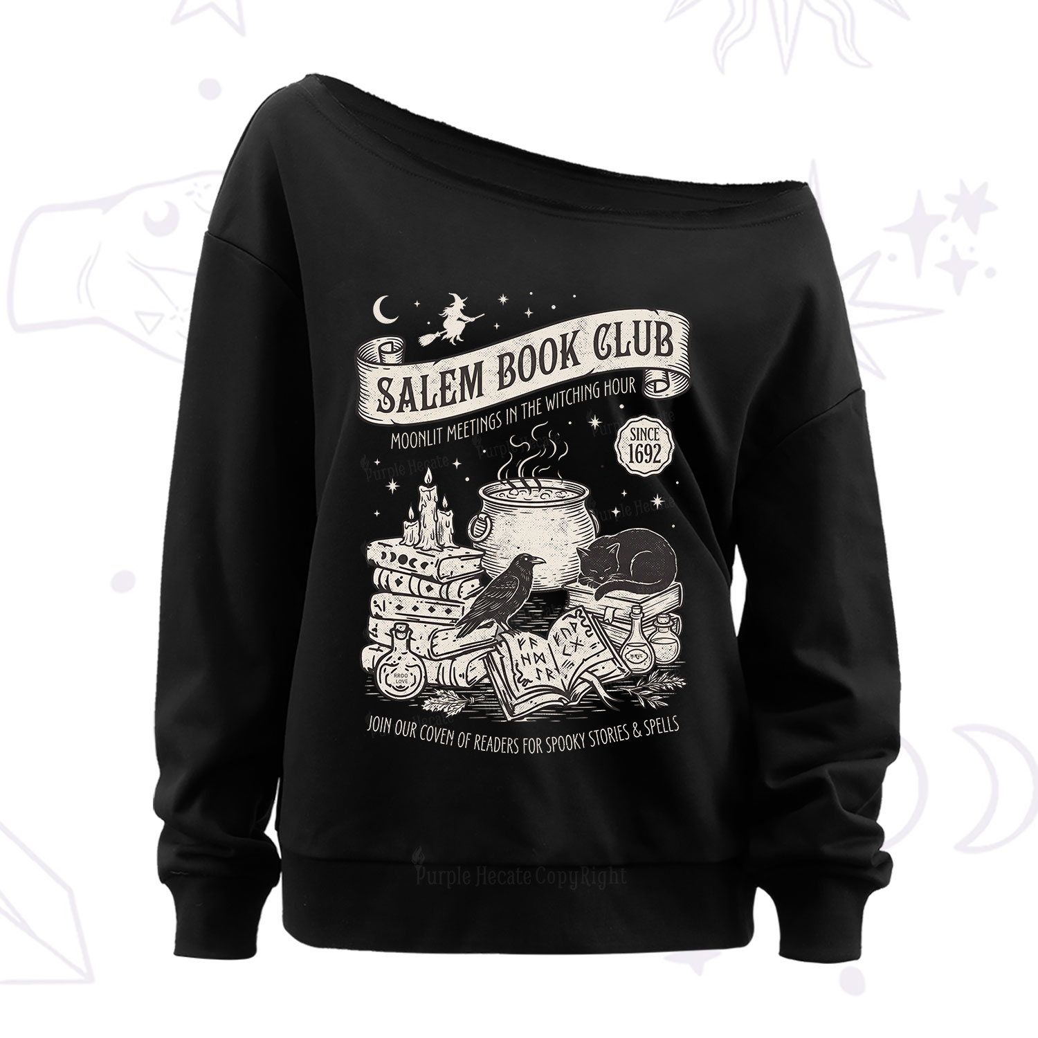 Purplehecate Salem Witch Book Club Off The Shoulder Sweatshirt