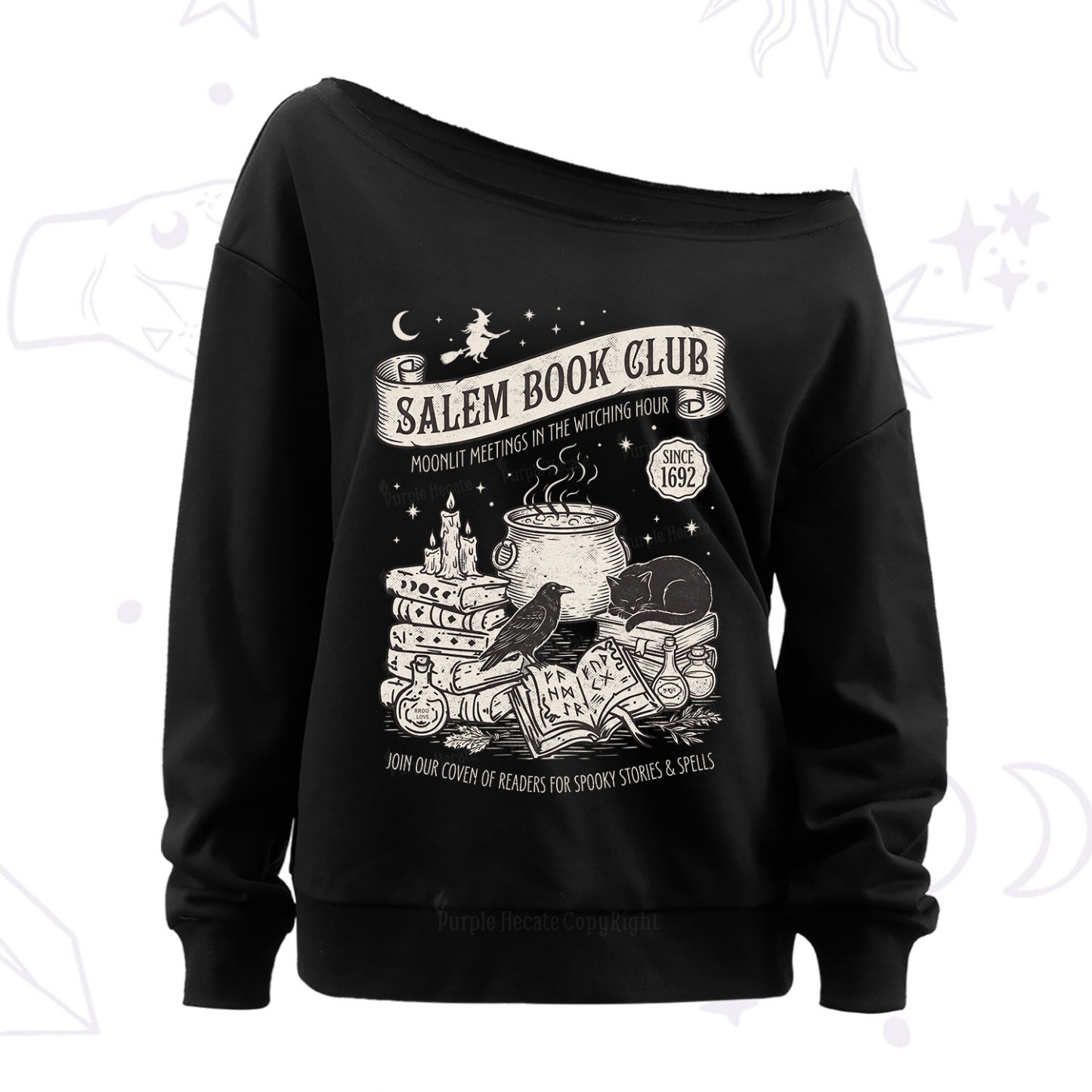 Purplehecate Salem Witch Book Club Off The Shoulder Sweatshirt