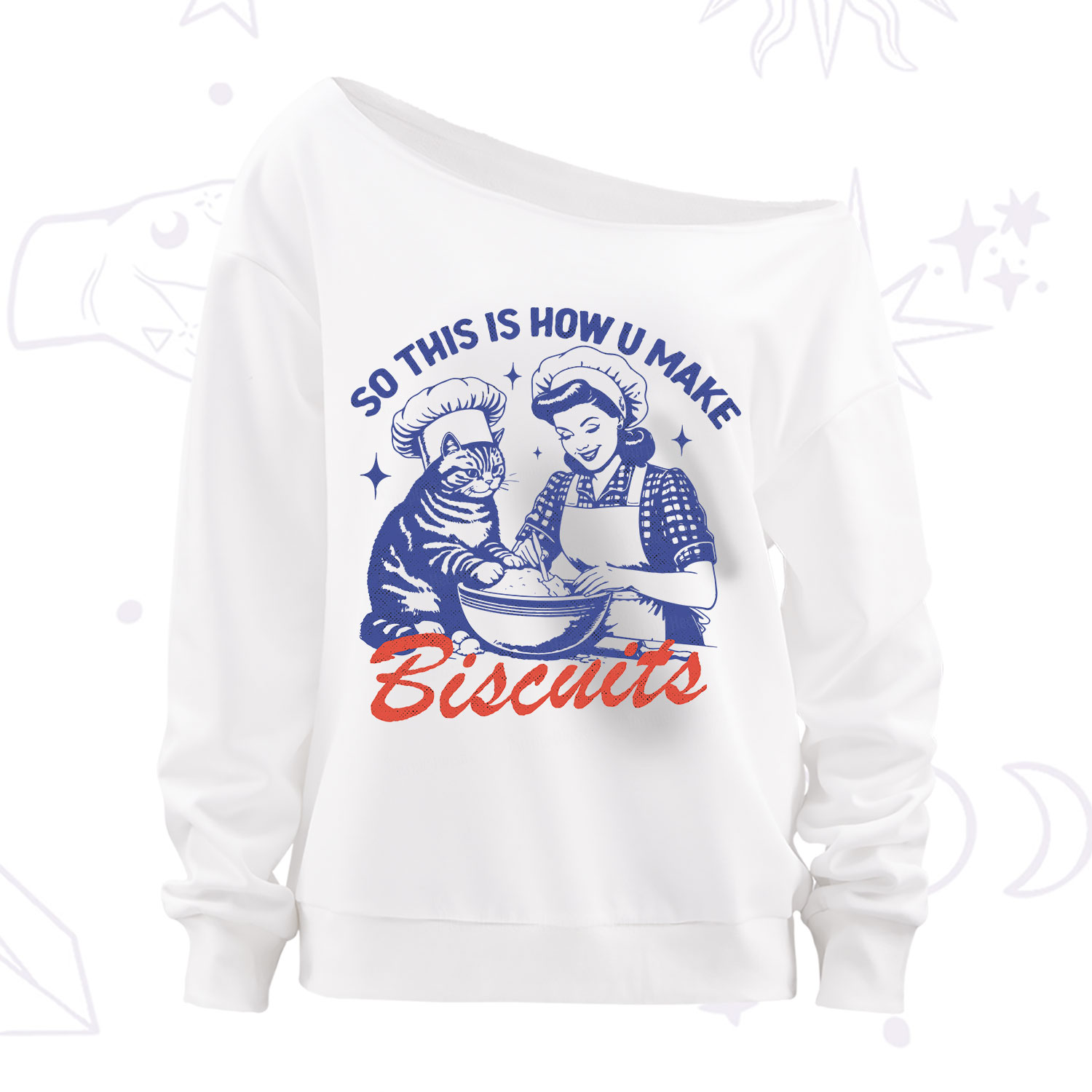 Purplehecate Funny Cat Baking Biscuits Off The Shoulder Sweatshirt
