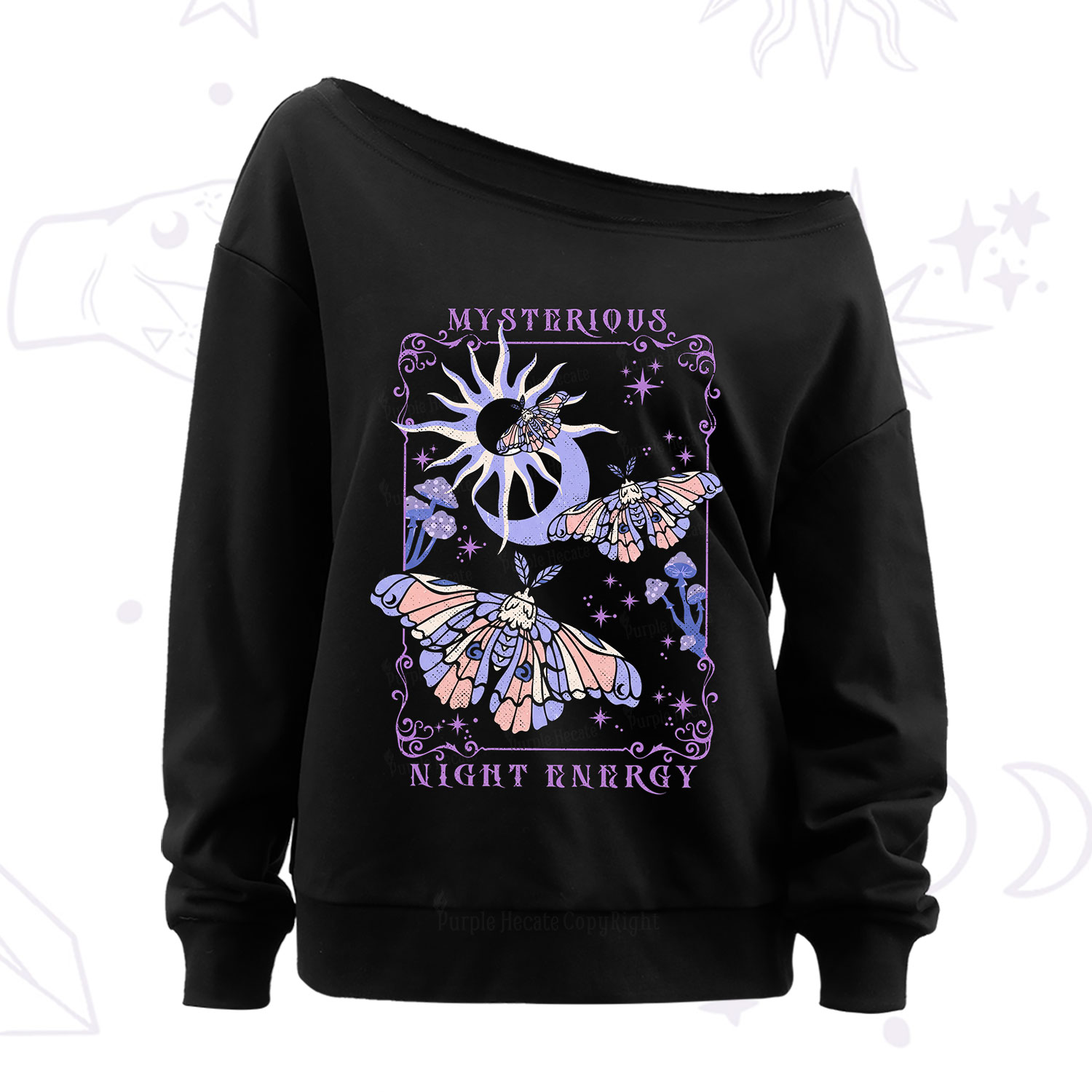 Purplehecate Mysterious Night Energy Moth Off The Shoulder Sweatshirt