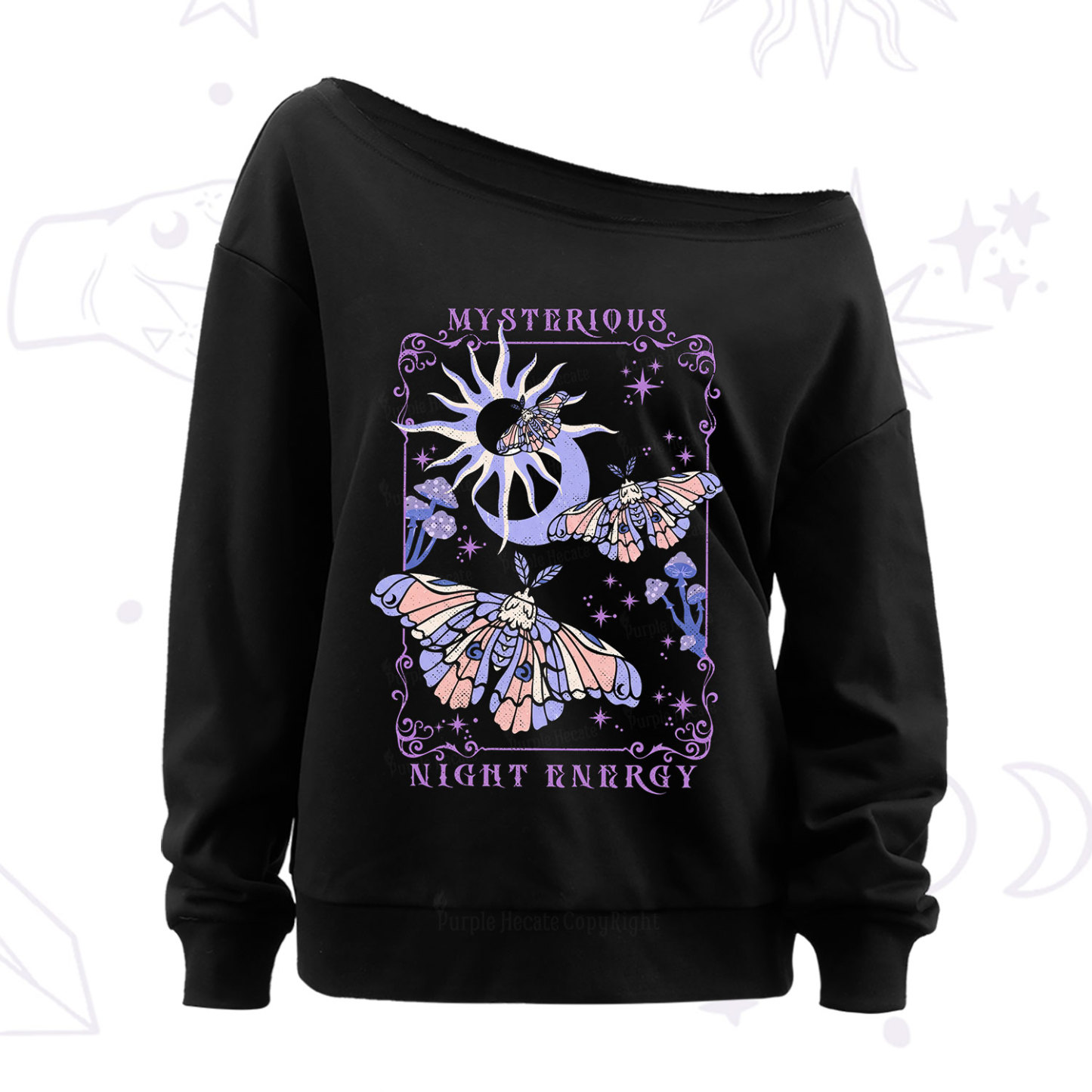 Purplehecate Mysterious Night Energy Moth Off The Shoulder Sweatshirt
