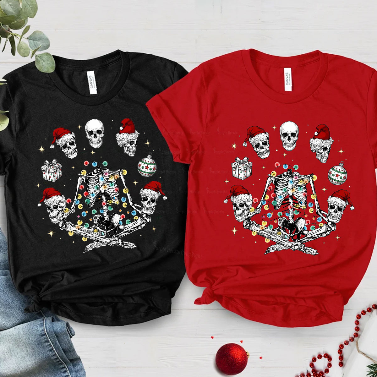 Purplehecate Skeleton Heads Christmas Couple T-Shirts