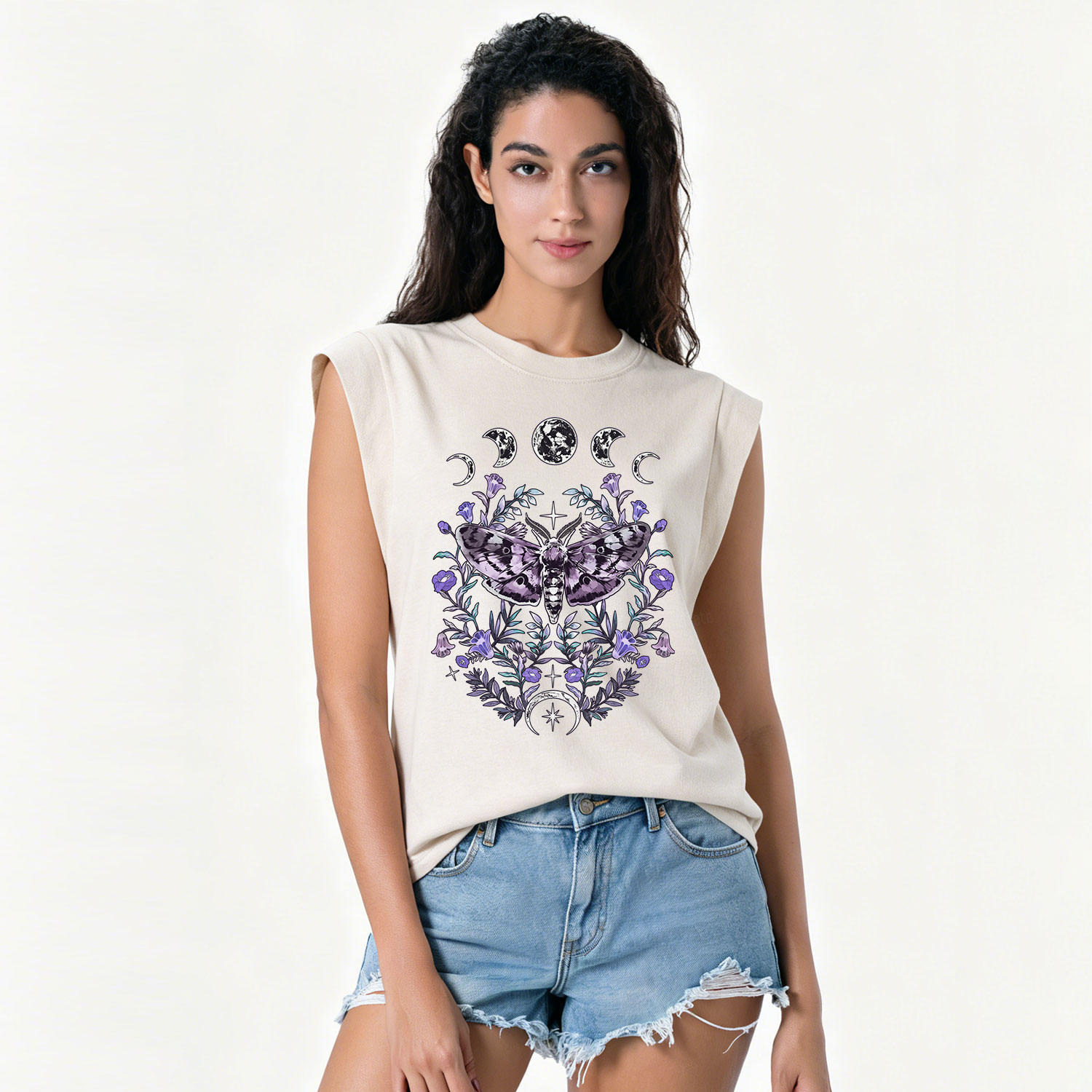 Purplehecate Gothic Mysterious Moth with Moon Vintage Washed Tank