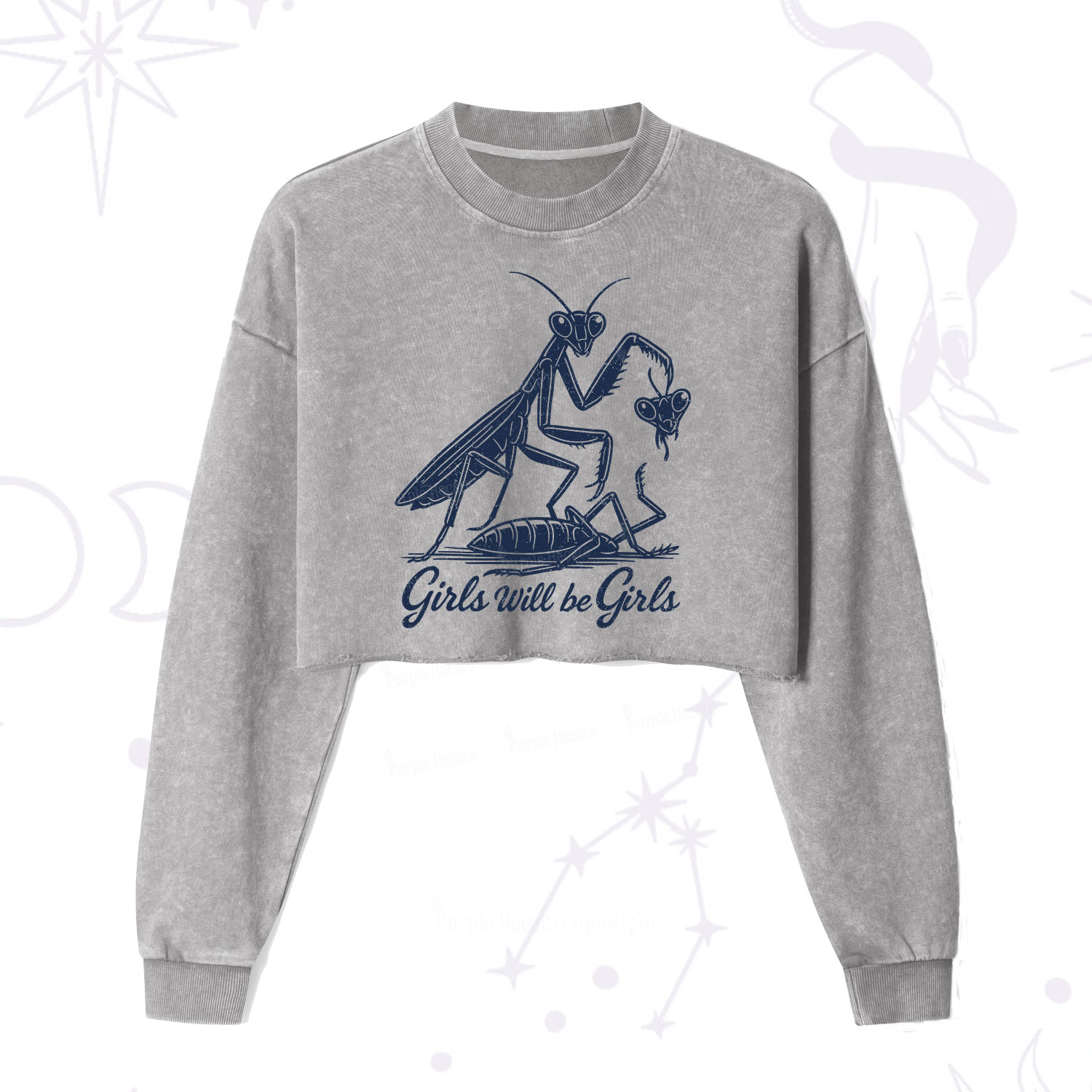 Purplehecate Girls Will Be Girls Praying Mantis Cropped Washed Sweatshirt