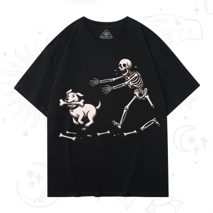 Purplehecate Halloween Skeleton Chasing Dog T-Shirt