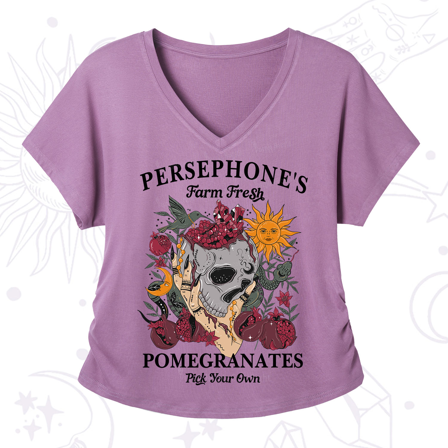 Purplehecate Persephone's Farm Fresh Pomegranates Pick Your Own V-Neck T-Shirt