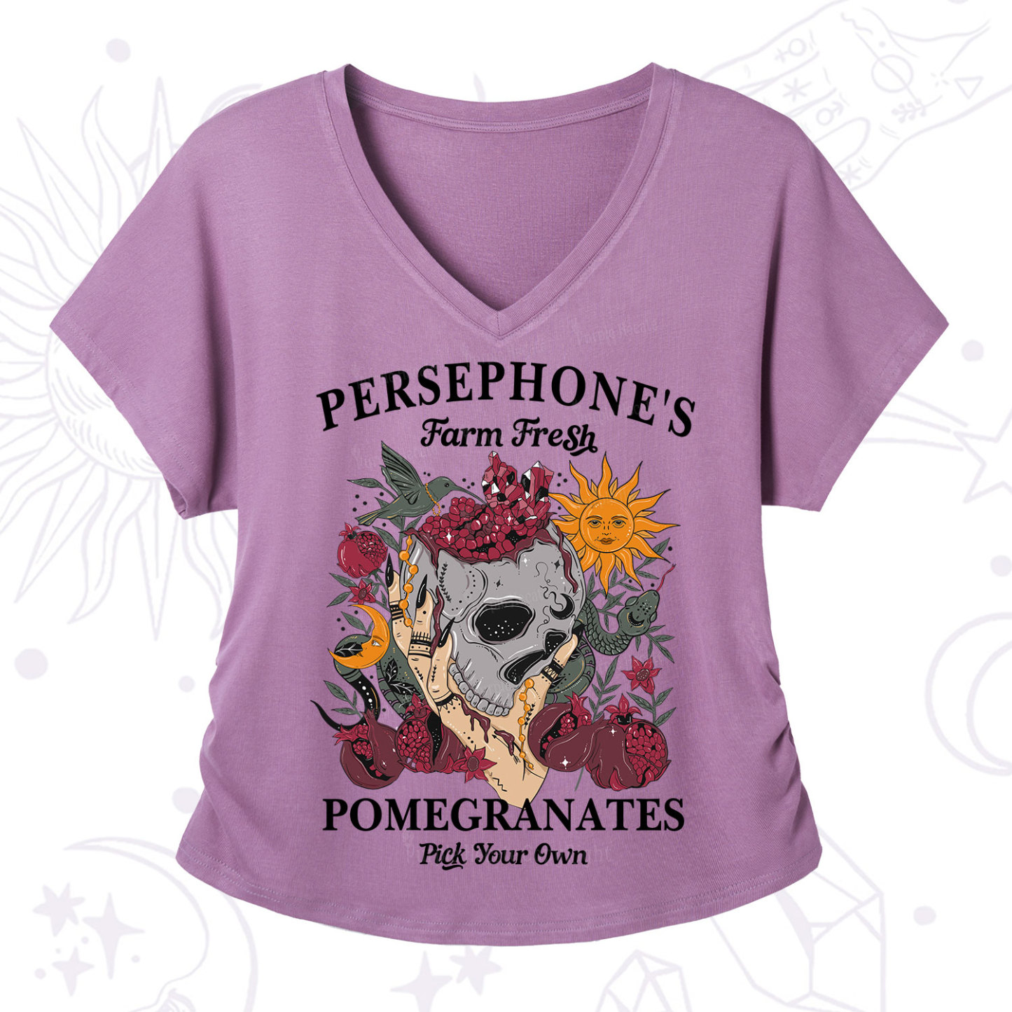 Purplehecate Persephone's Farm Fresh Pomegranates Pick Your Own V-Neck T-Shirt