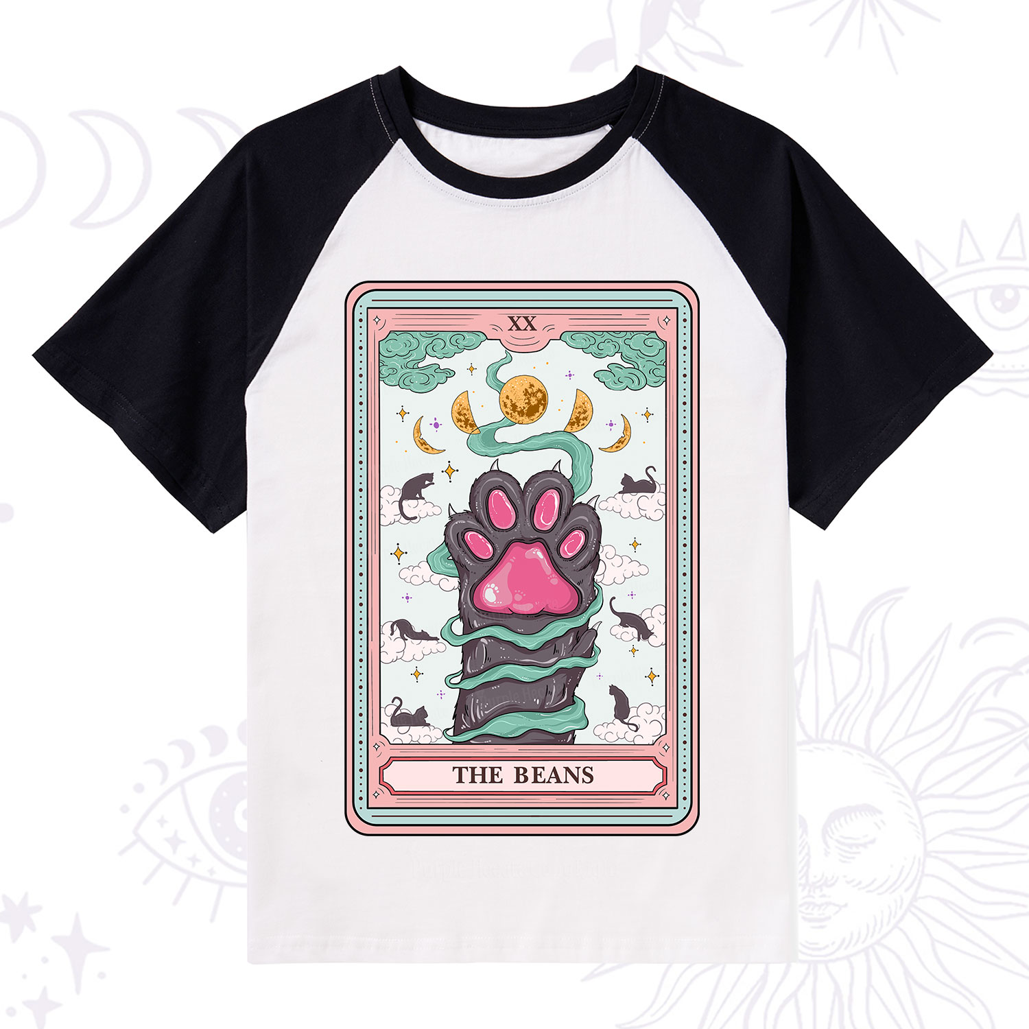 Purplehecate The Beans Cat Tarot Raglan Short Sleeve T‑Shirt