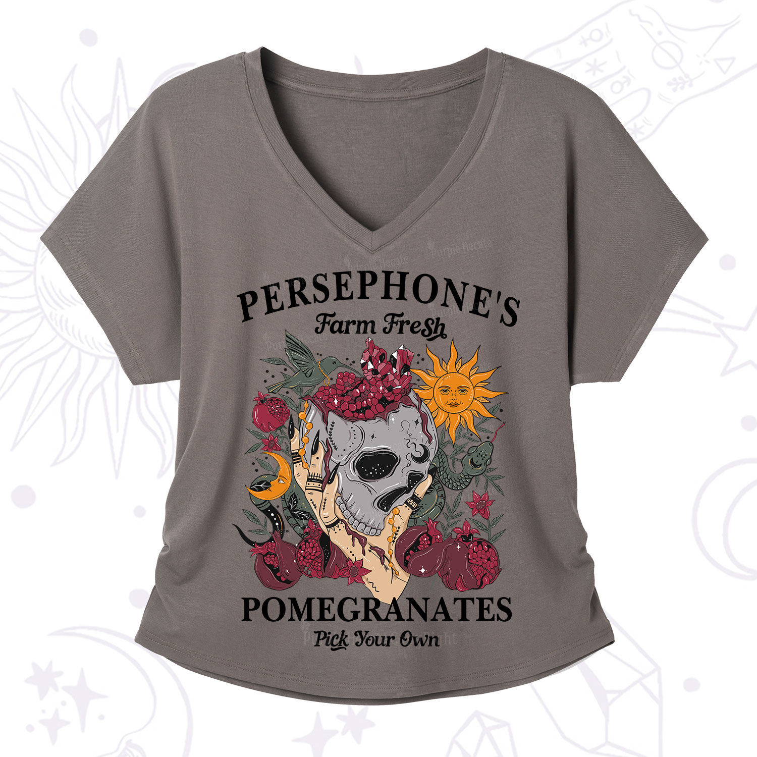 Purplehecate Persephone's Farm Fresh Pomegranates Pick Your Own V-Neck T-Shirt