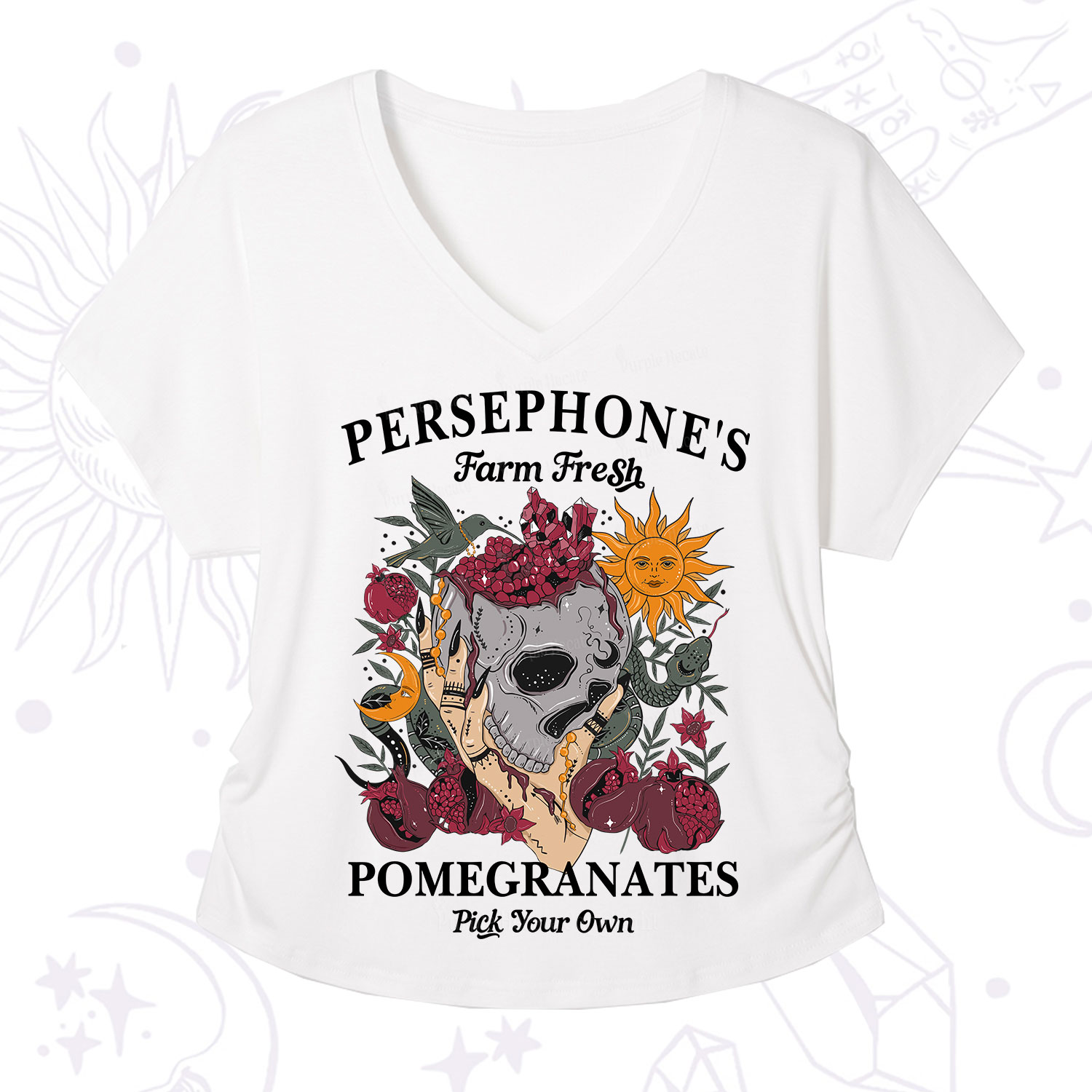 Purplehecate Persephone's Farm Fresh Pomegranates Pick Your Own V-Neck T-Shirt