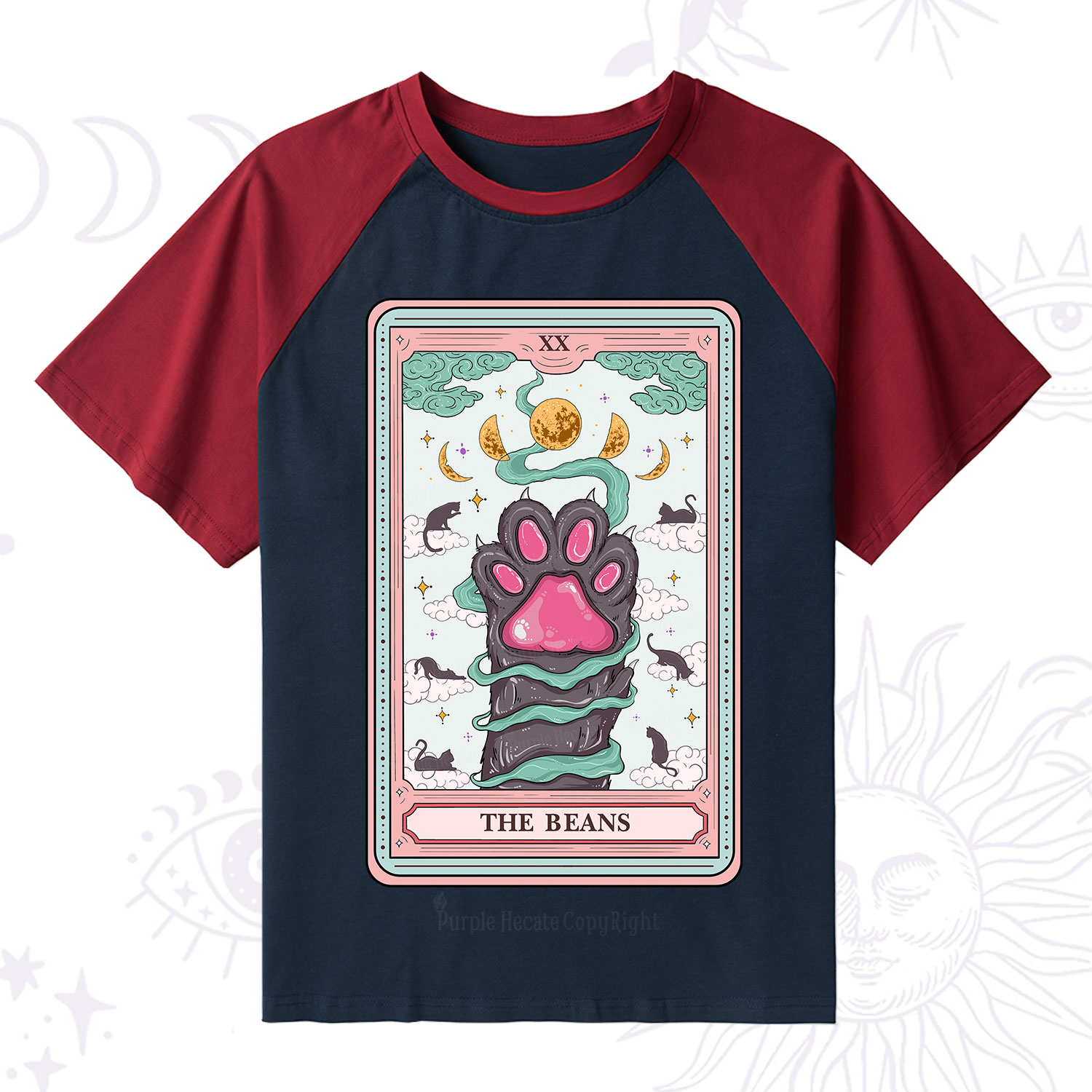 Purplehecate The Beans Cat Tarot Raglan Short Sleeve T‑Shirt