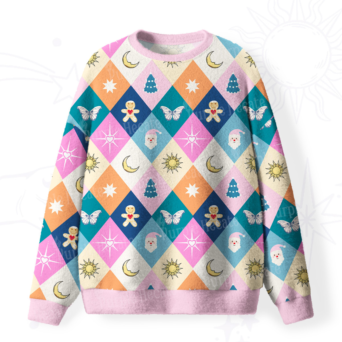 Purplehecate Whimsical Holiday Patchwork Fuzzy Ugly Christmas Sweatshirt