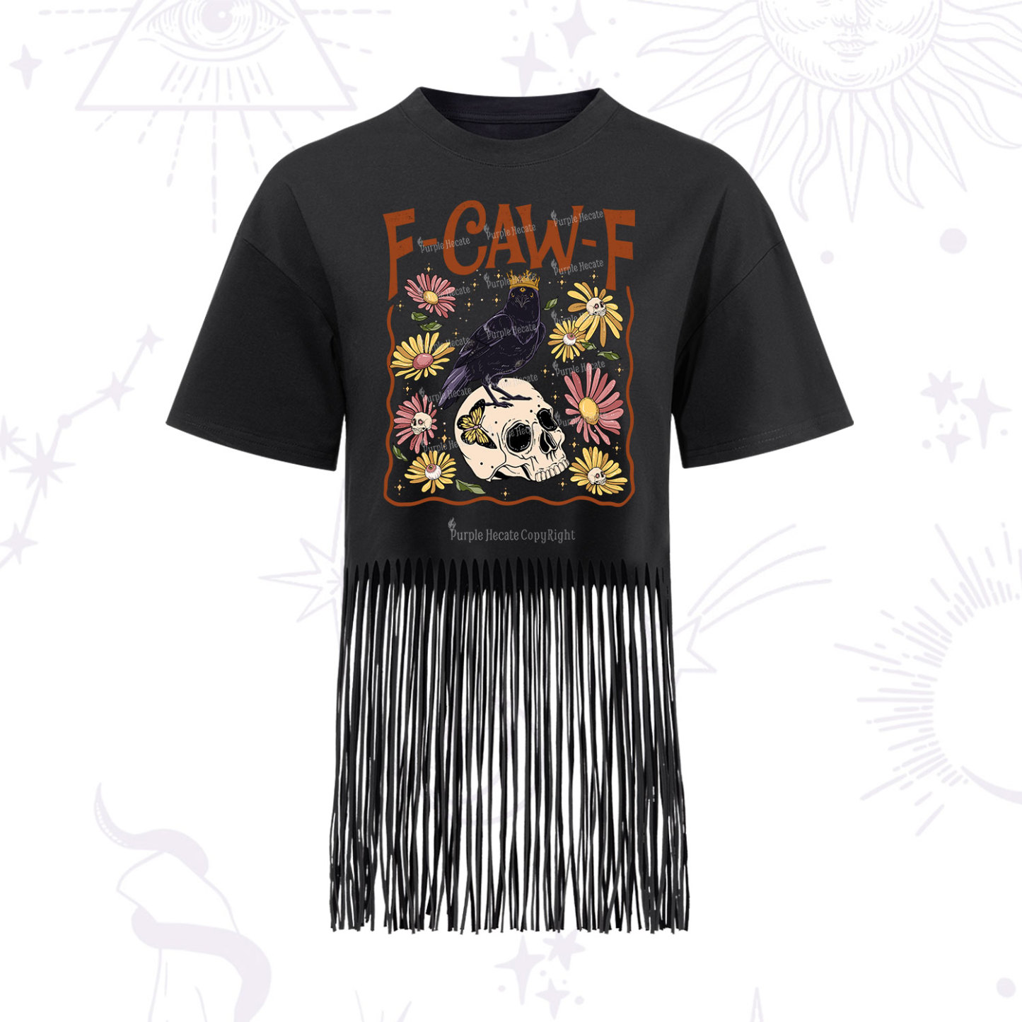 Purplehecate Funny F-Caw-F Crow Fringe Hem T-Shirt