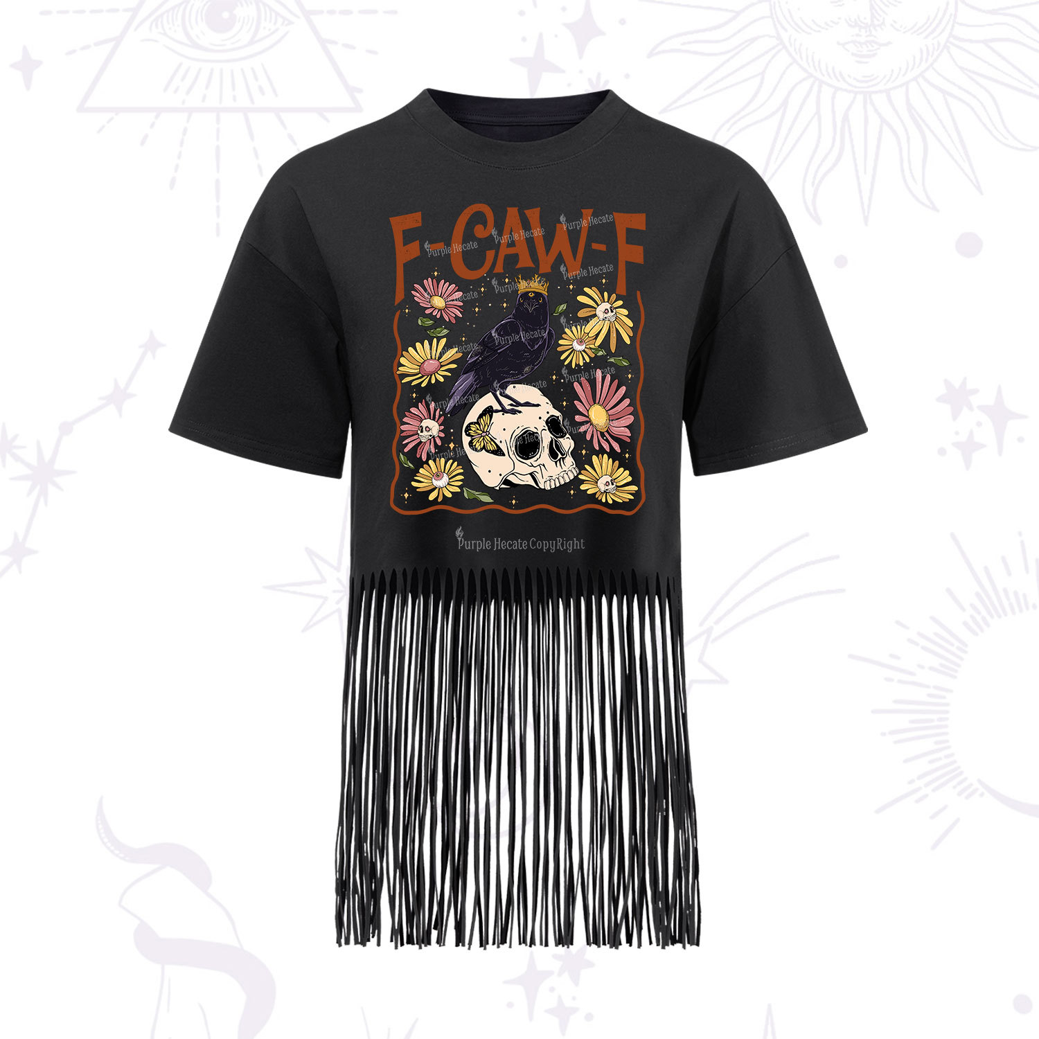 Purplehecate Funny F-Caw-F Crow Fringe Hem T-Shirt