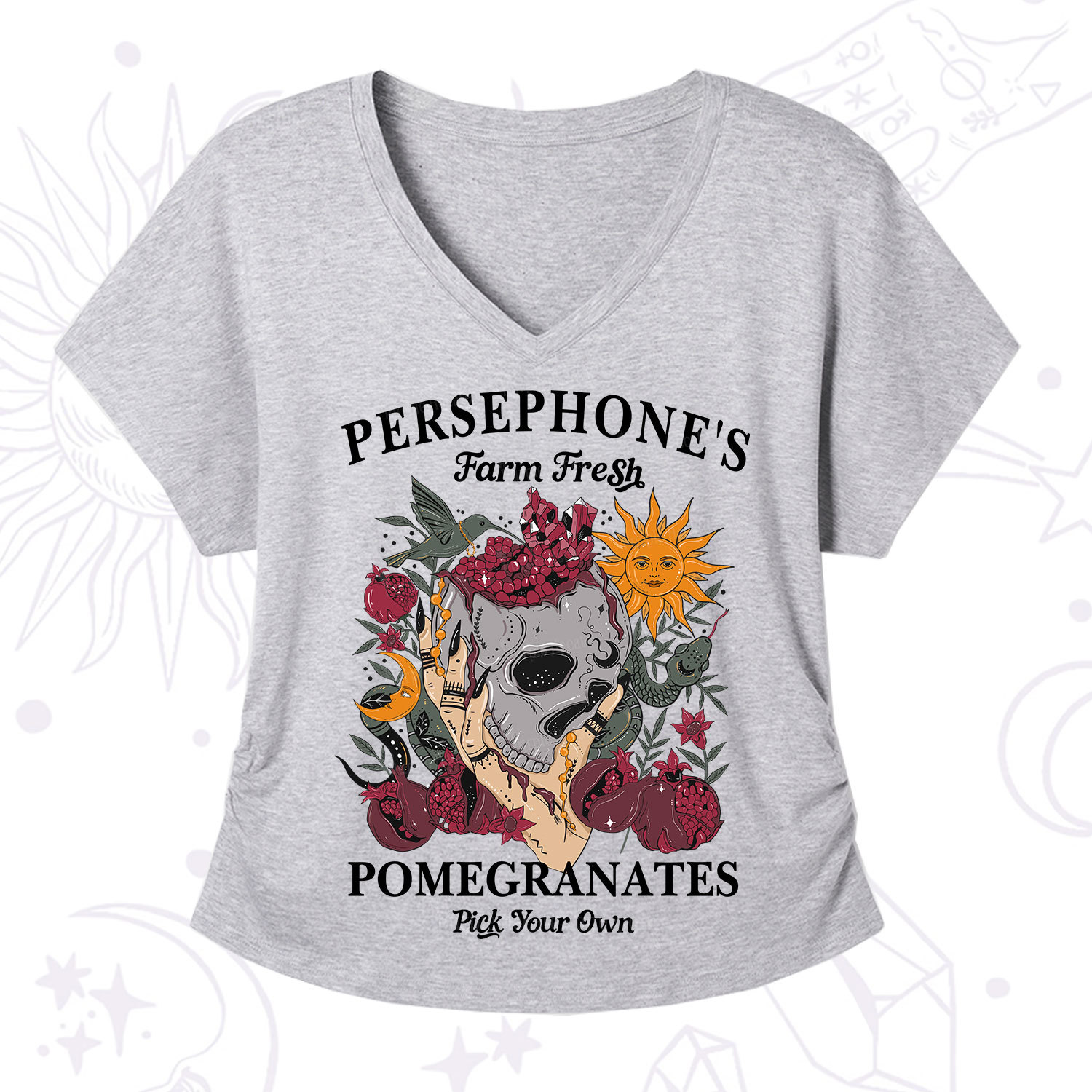 Purplehecate Persephone's Farm Fresh Pomegranates Pick Your Own V-Neck T-Shirt