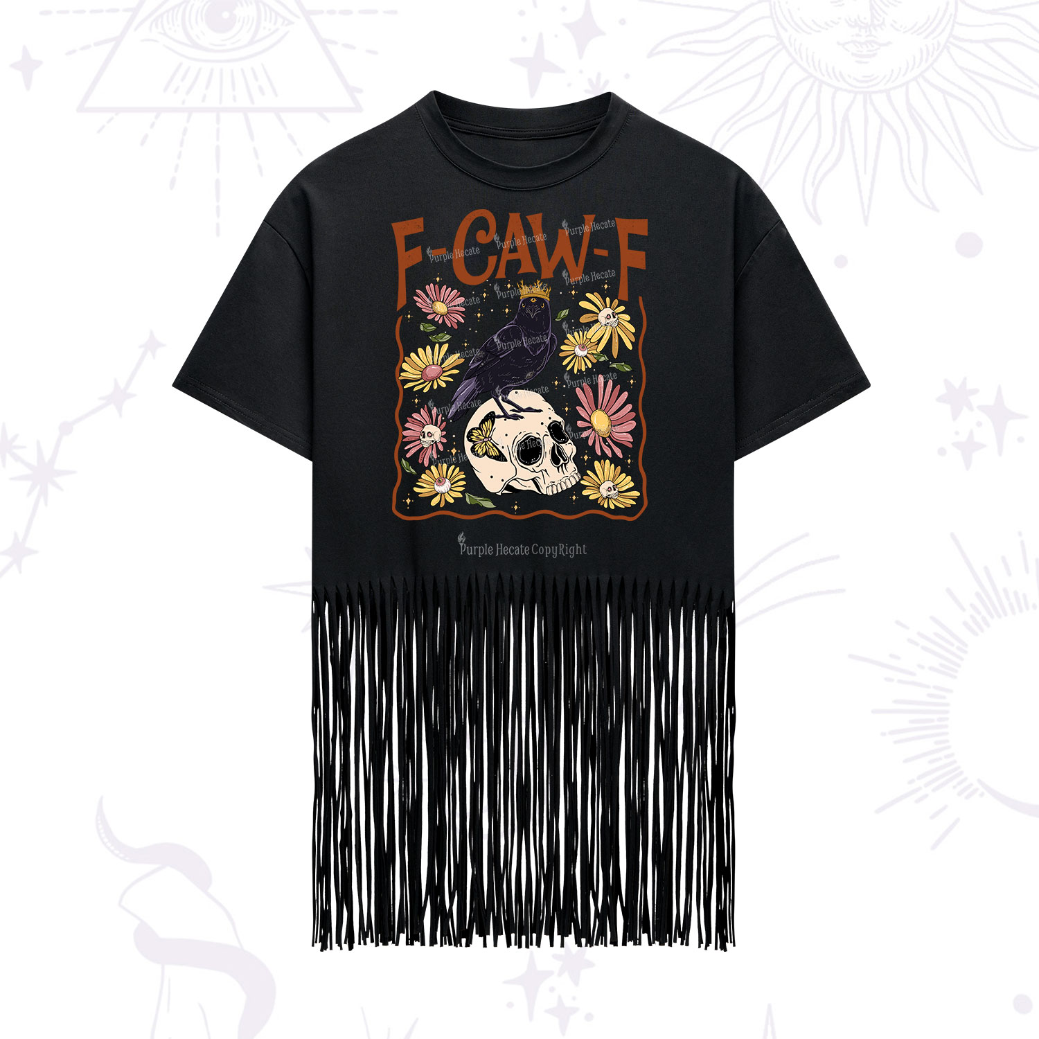 Purplehecate Funny F-Caw-F Crow Fringe Hem T-Shirt