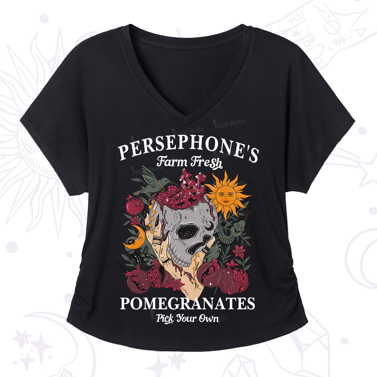 Purplehecate Persephone's Farm Fresh Pomegranates Pick Your Own V-Neck T-Shirt