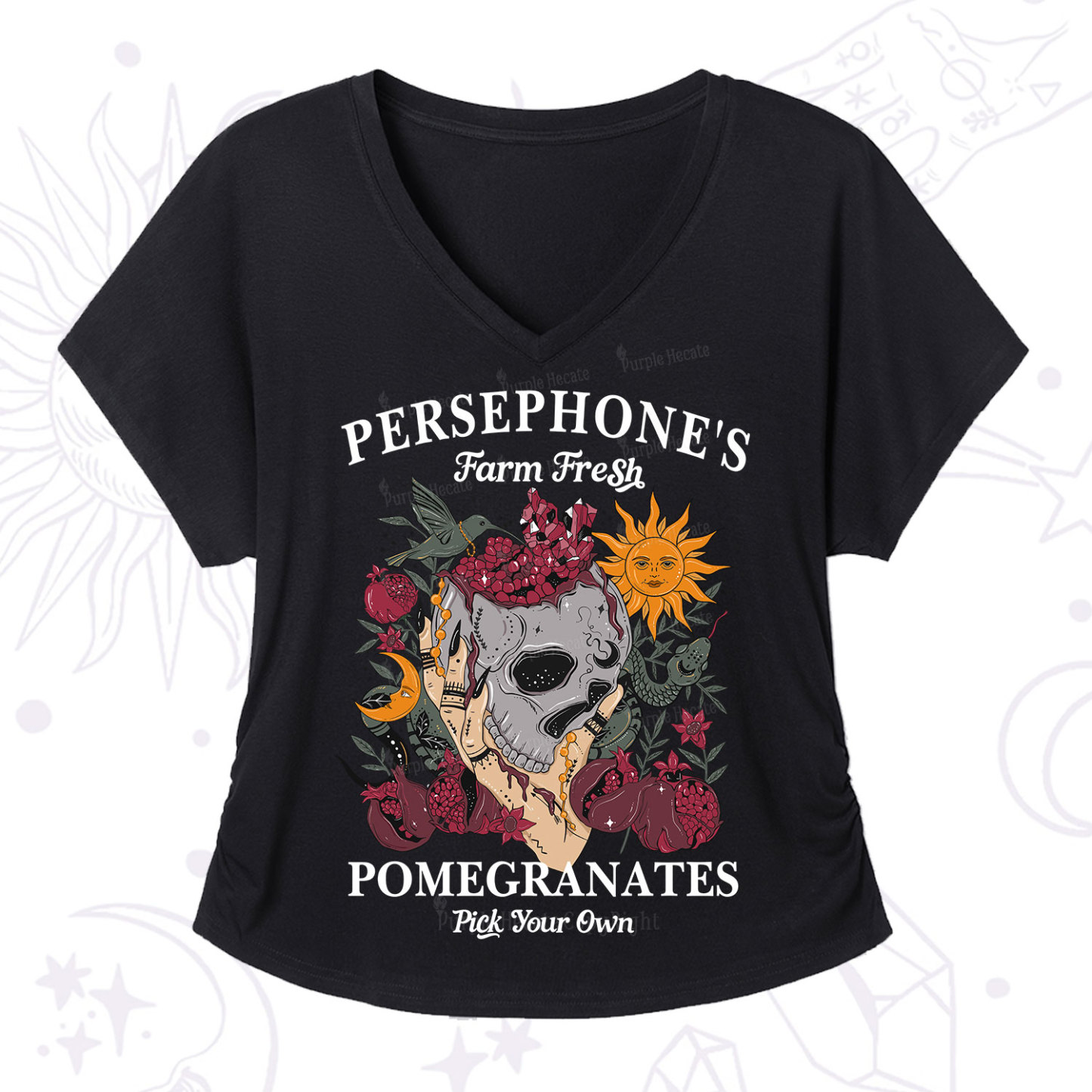 Purplehecate Persephone's Farm Fresh Pomegranates Pick Your Own V-Neck T-Shirt
