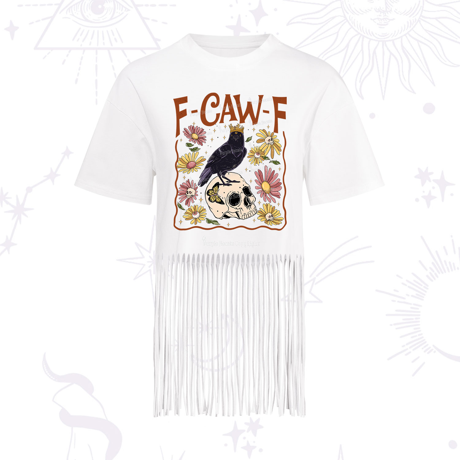 Purplehecate Funny F-Caw-F Crow Fringe Hem T-Shirt