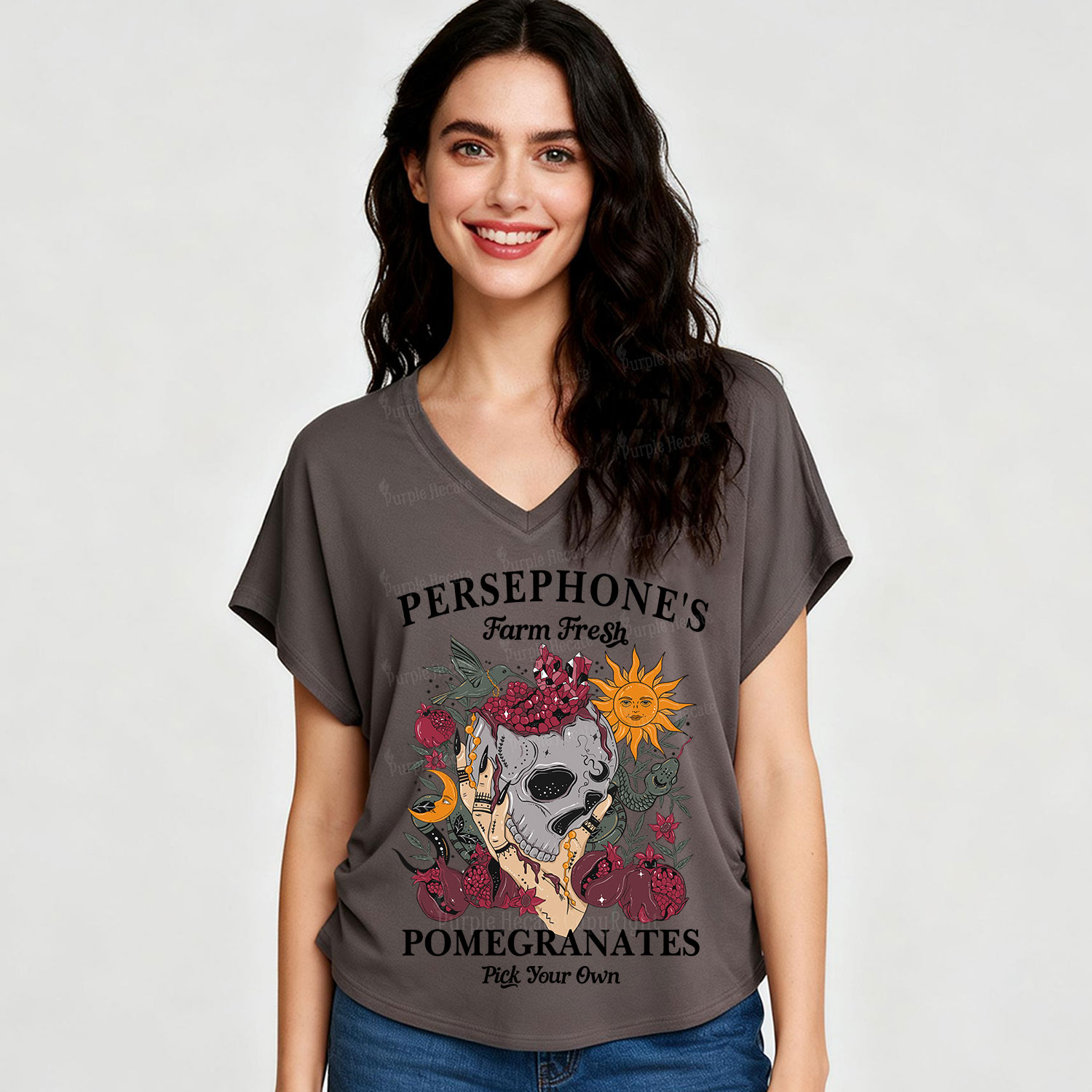 Purplehecate Persephone's Farm Fresh Pomegranates Pick Your Own V-Neck T-Shirt