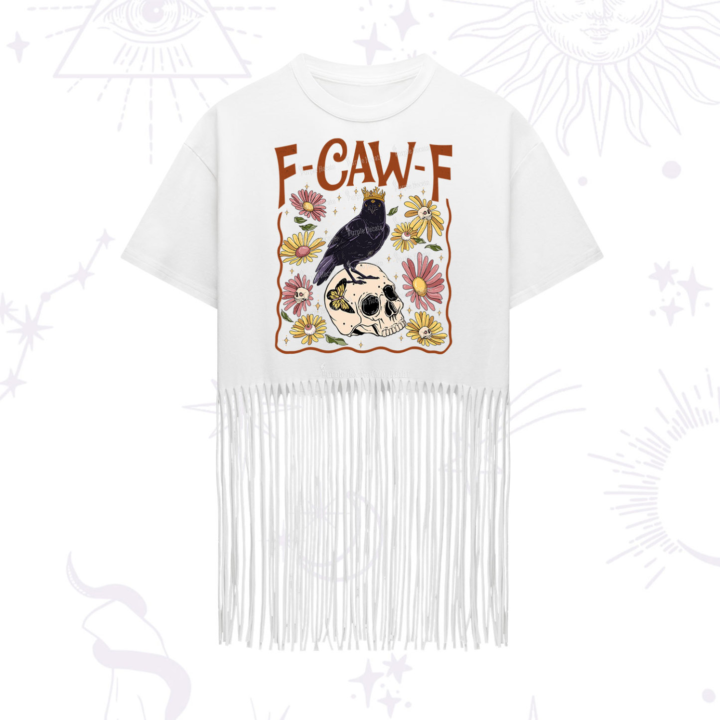 Purplehecate Funny F-Caw-F Crow Fringe Hem T-Shirt