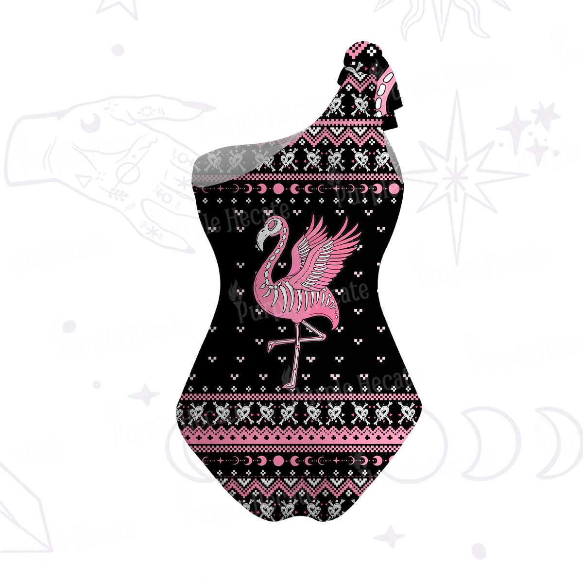 Purplehecate Witchy Pink Flamingo Skull One-Shoulder One-Piece Swimsuit