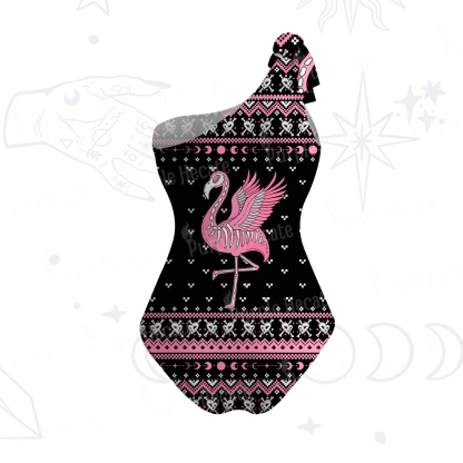 Purplehecate Witchy Pink Flamingo Skull One-Shoulder One-Piece Swimsuit