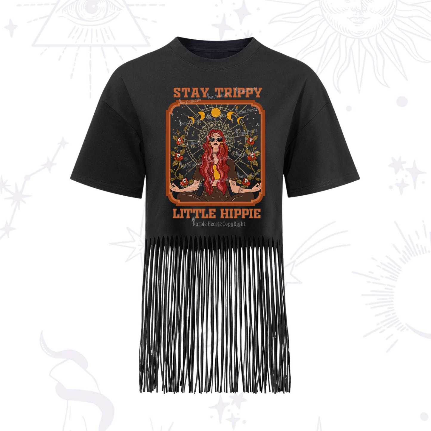 Purplehecate Stay Trippy Little Witchy Hippie Fringe Hem T-Shirt