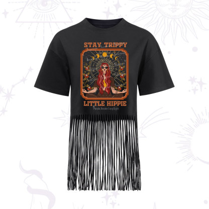 Purplehecate Stay Trippy Little Witchy Hippie Fringe Hem T-Shirt