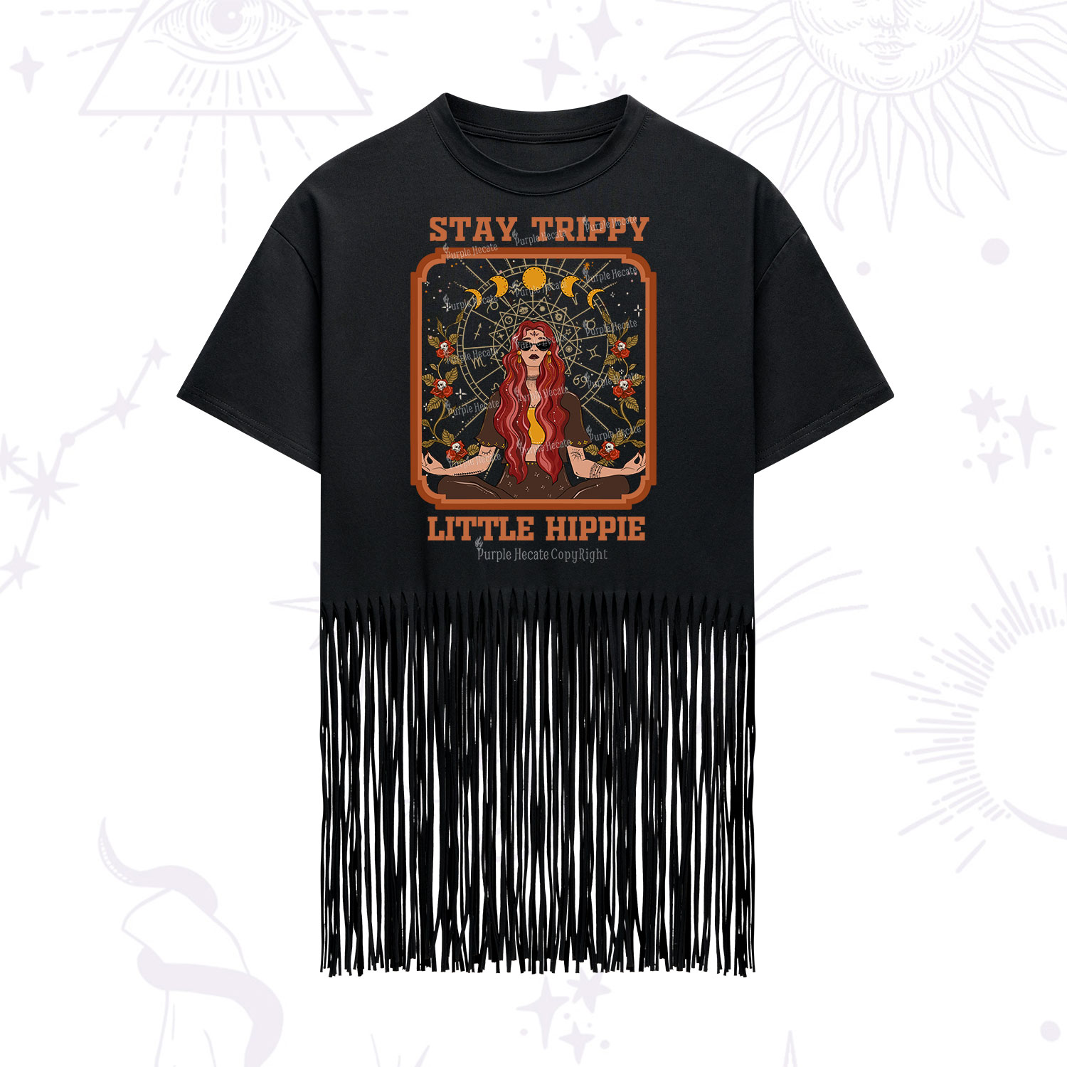 Purplehecate Stay Trippy Little Witchy Hippie Fringe Hem T-Shirt