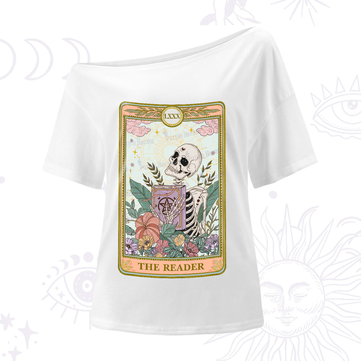 Purplehecate The Reader Occult Tarot Skeleton One-Shoulder T-Shirt