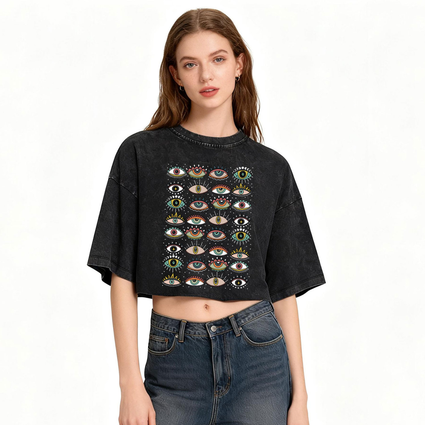 Purplehecate Evil Eye Pattern Washed Cropped T-Shirt