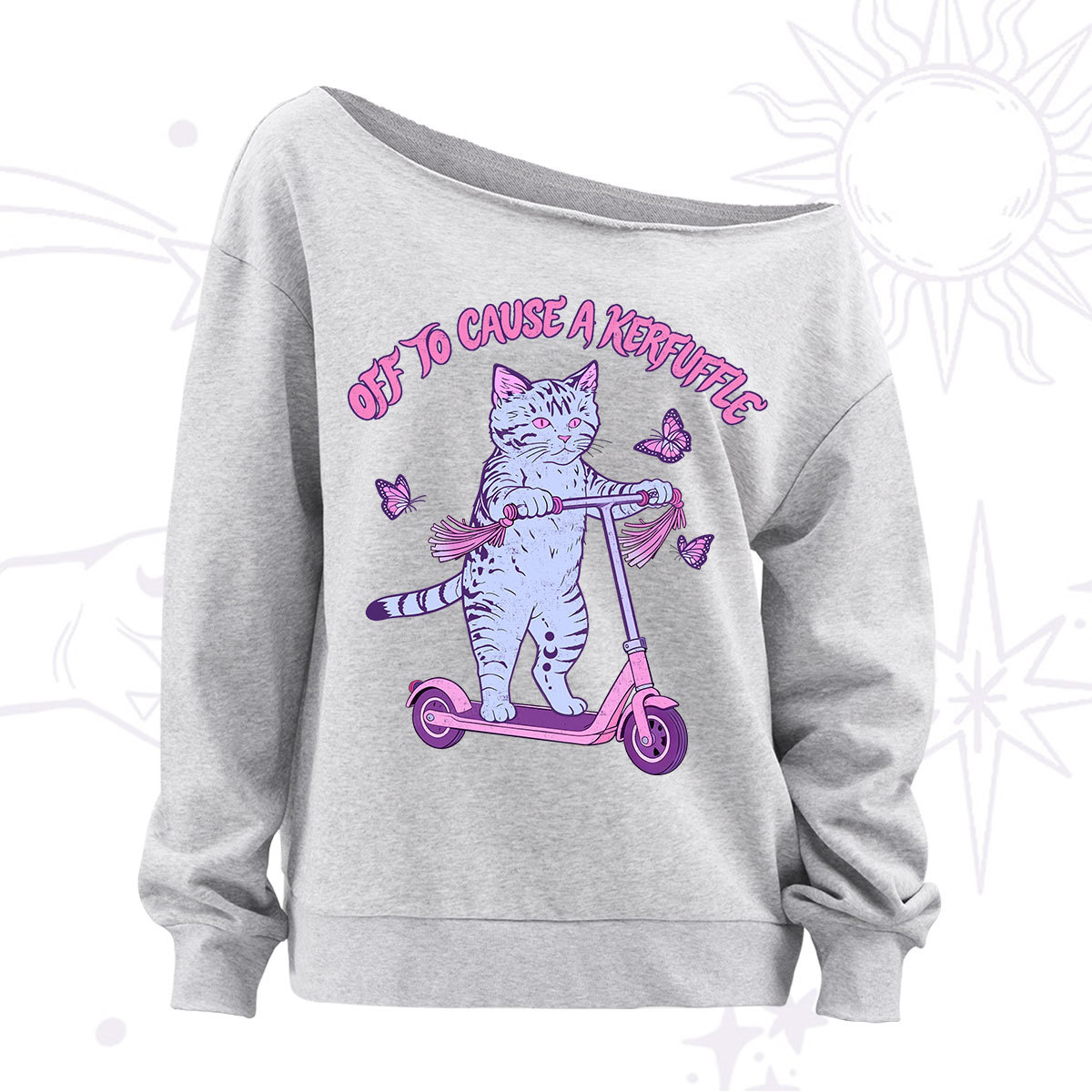 Purplehecate Off To Cause A Kerfuffle Cat Off The Shoulder Sweatshirt