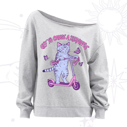 Purplehecate Off To Cause A Kerfuffle Cat Off The Shoulder Sweatshirt