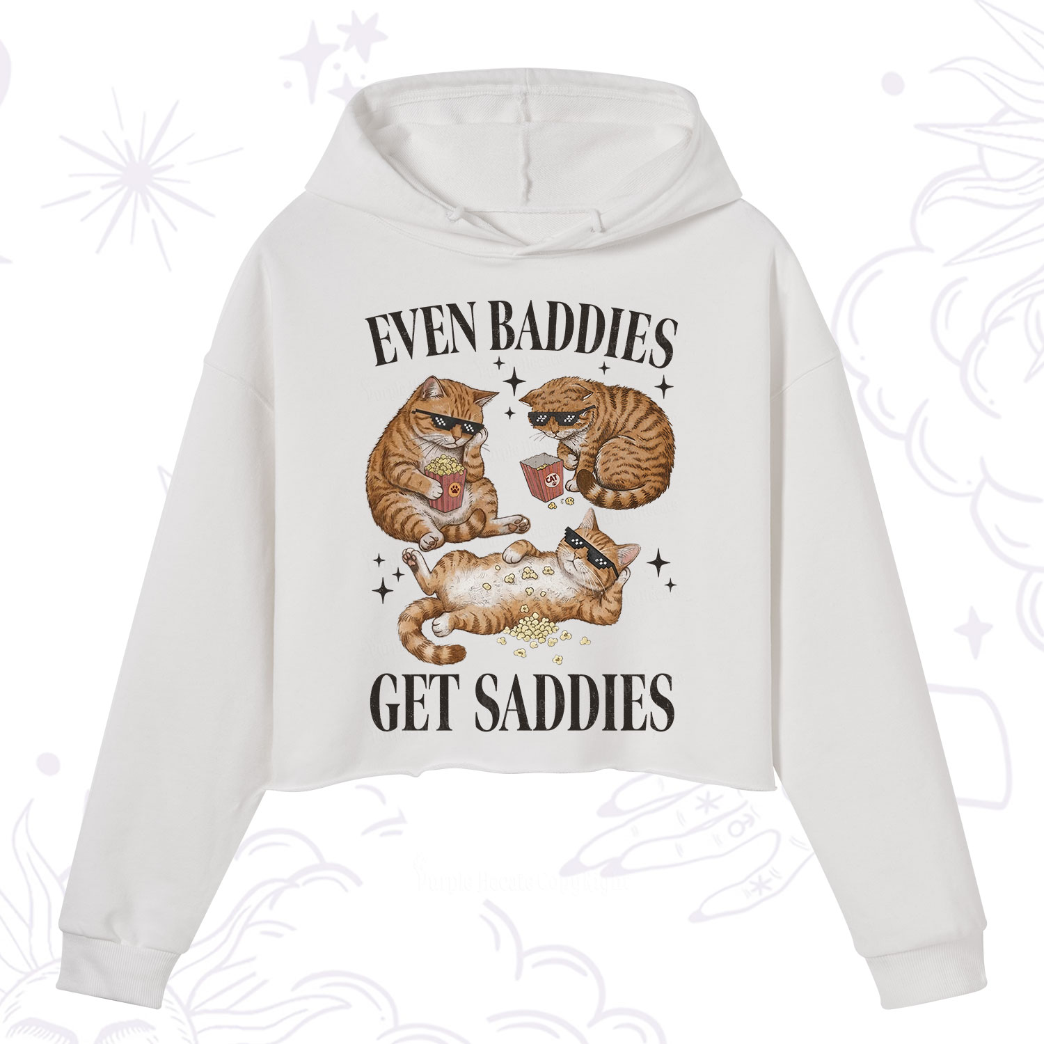 Purplehecate Even Baddies Get Saddies Funny Cat Crop Hoodie
