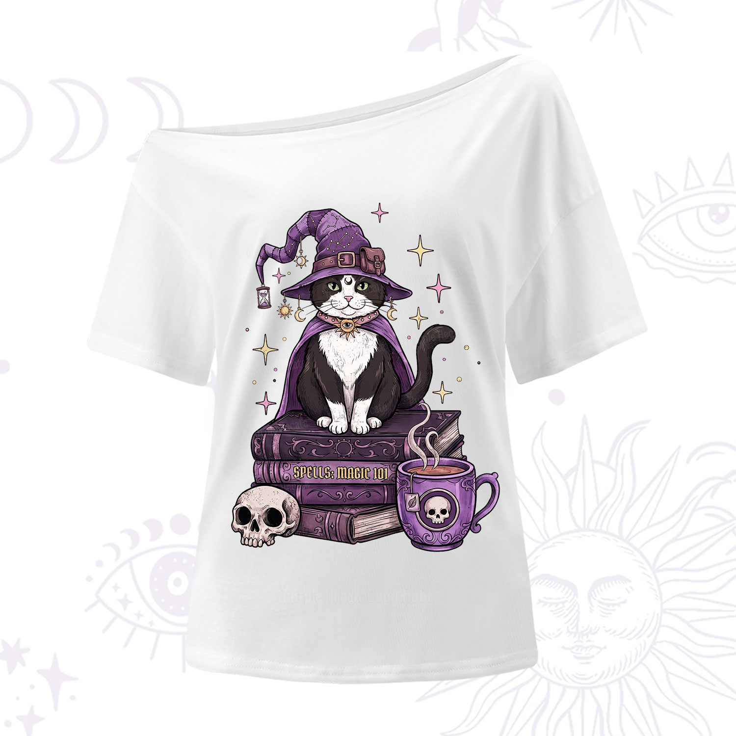 Purplehecate Witchy Cat Spell Books One Shoulder T-Shirt