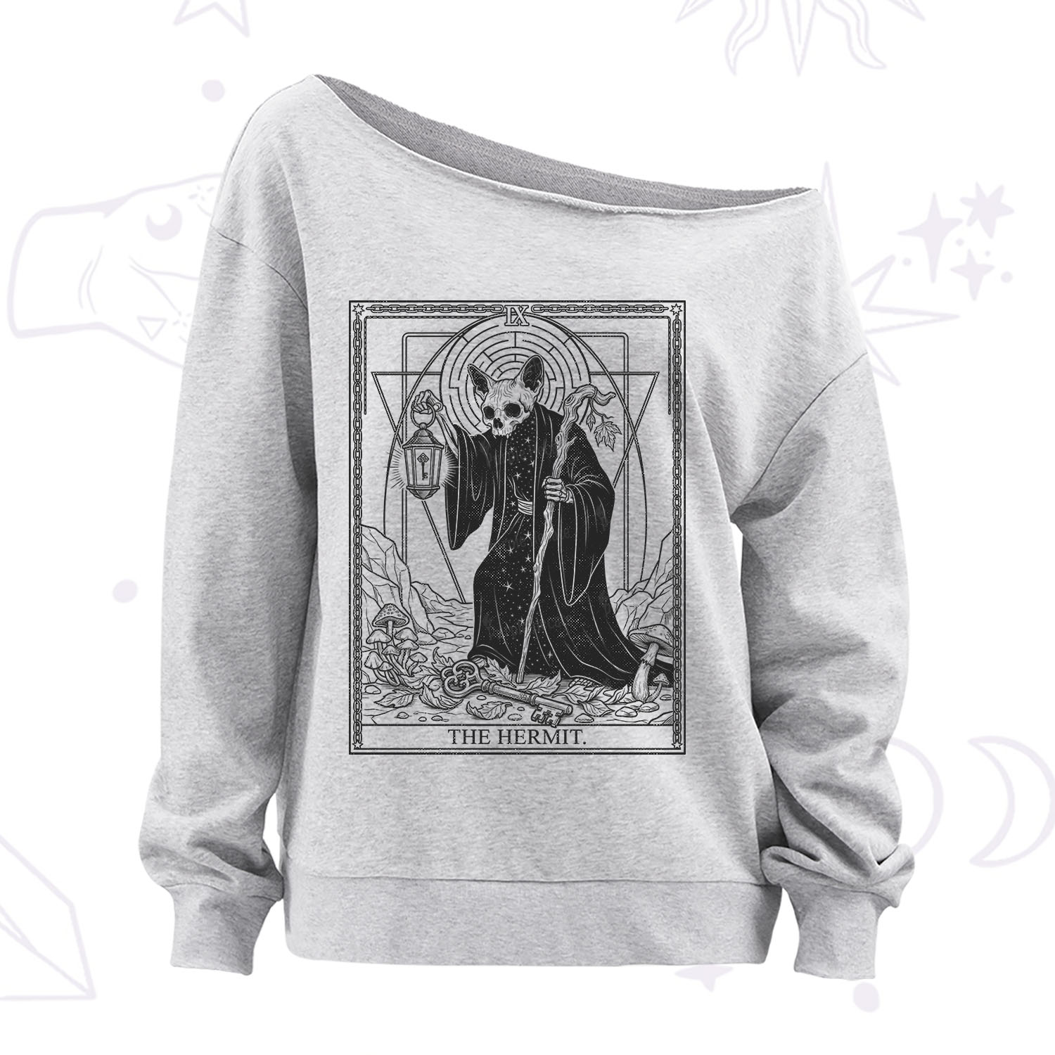 Purplehecate The Hermit Skeleton Cat Tarot Off The Shoulder Sweatshirt