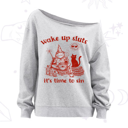 Purplehecate Wake Up Sluts It's Time to Sin Witch Frog Off The Shoulder Sweatshirt
