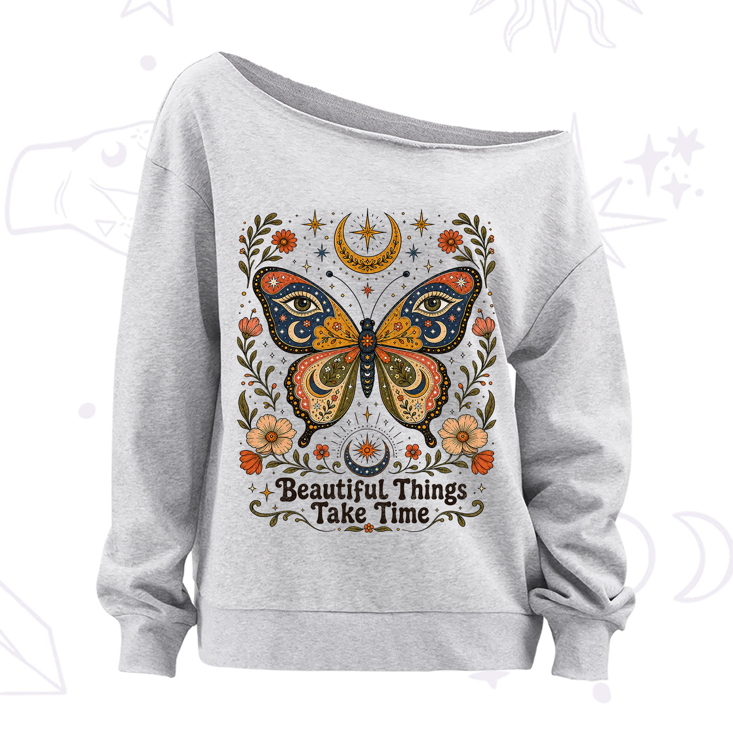 Purplehecate Beautiful Things Take Time Butterfly Off The Shoulder Sweatshirt