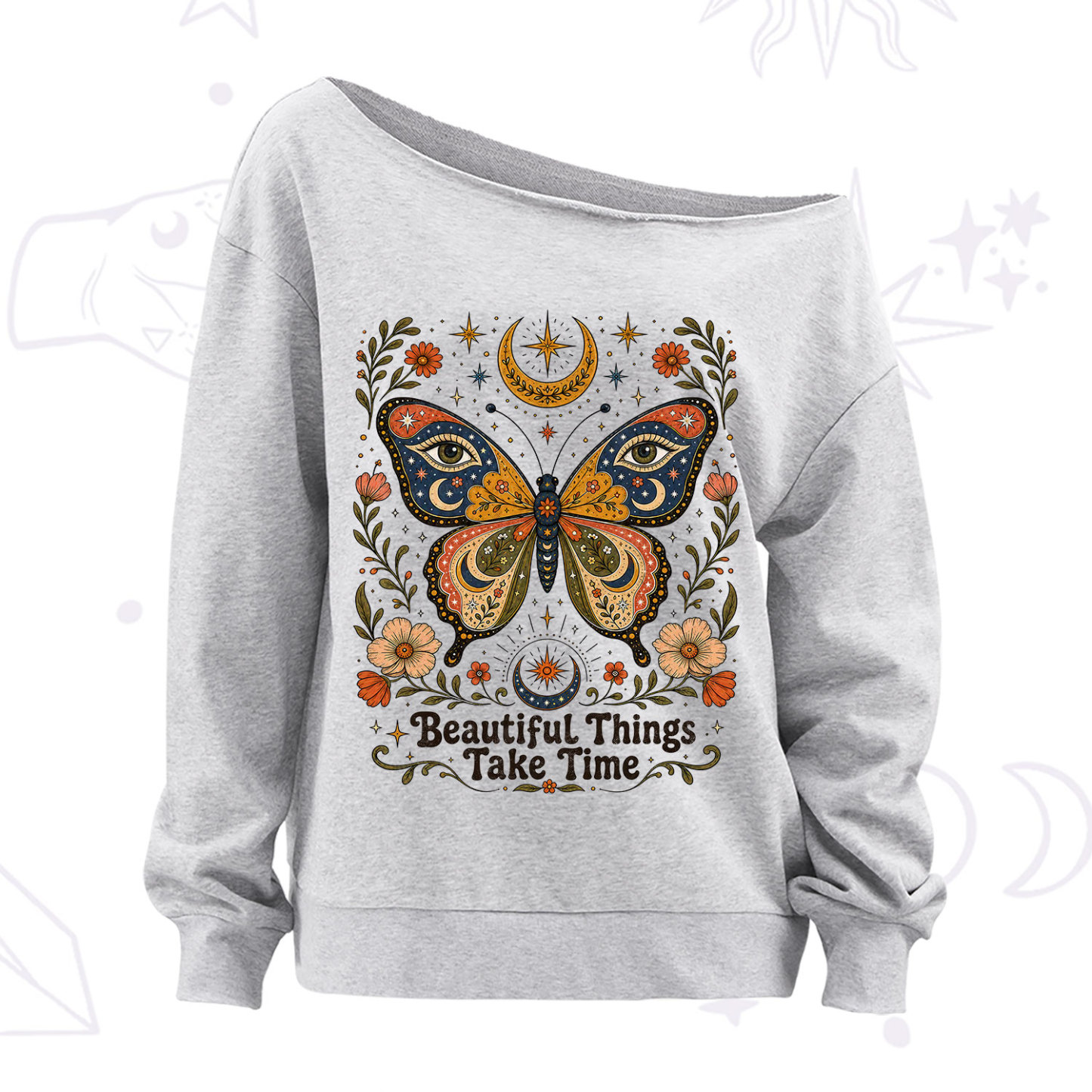 Purplehecate Beautiful Things Take Time Butterfly Off The Shoulder Sweatshirt